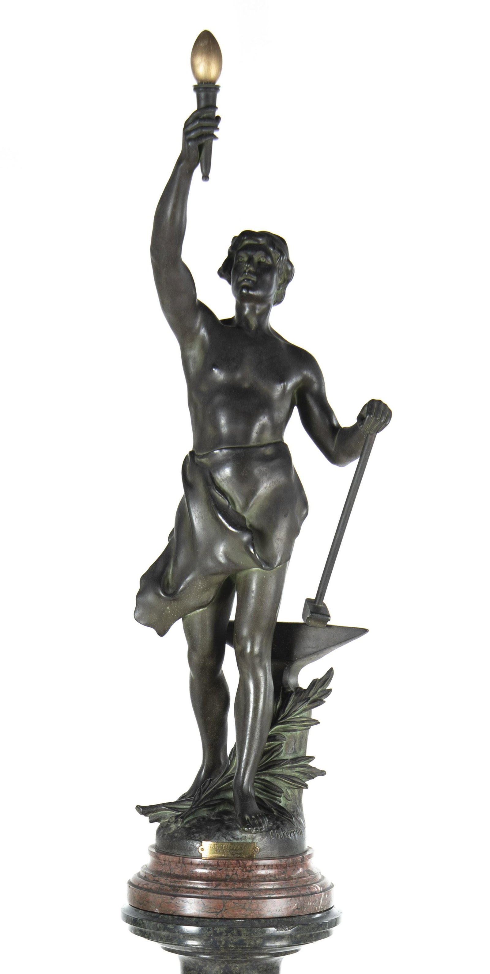 Charles Theodore Perron (French, 1862-1934): DESCRIPTION: After Charles Theodore Perron (French, 1862-1934). Bronze sculpture. "Le Travail". Fixed to red marble base. Sculpture and base on green marble pedestal. Brass title plaque reads "Le Trav