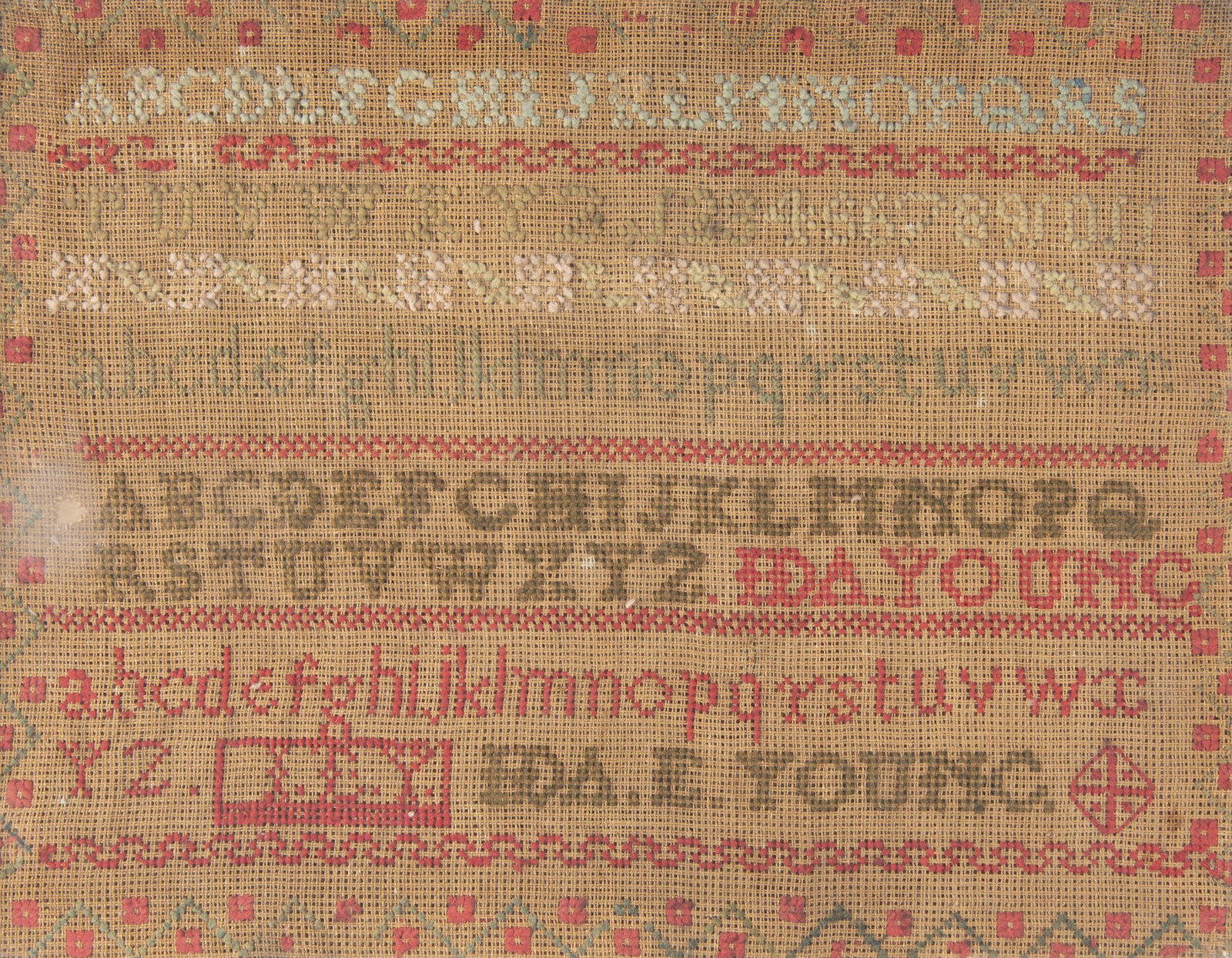 19th C. Ida Young Alphabet Sampler: DESCRIPTION: 19th century alphabet sampler. Signed Ida E. Young. With five sets of letters and floral border. In wood frame. MEASUREMENTS: Sight 12" x 15-1/2". Overall with frame 13-1/2" x 17-1/4". CO