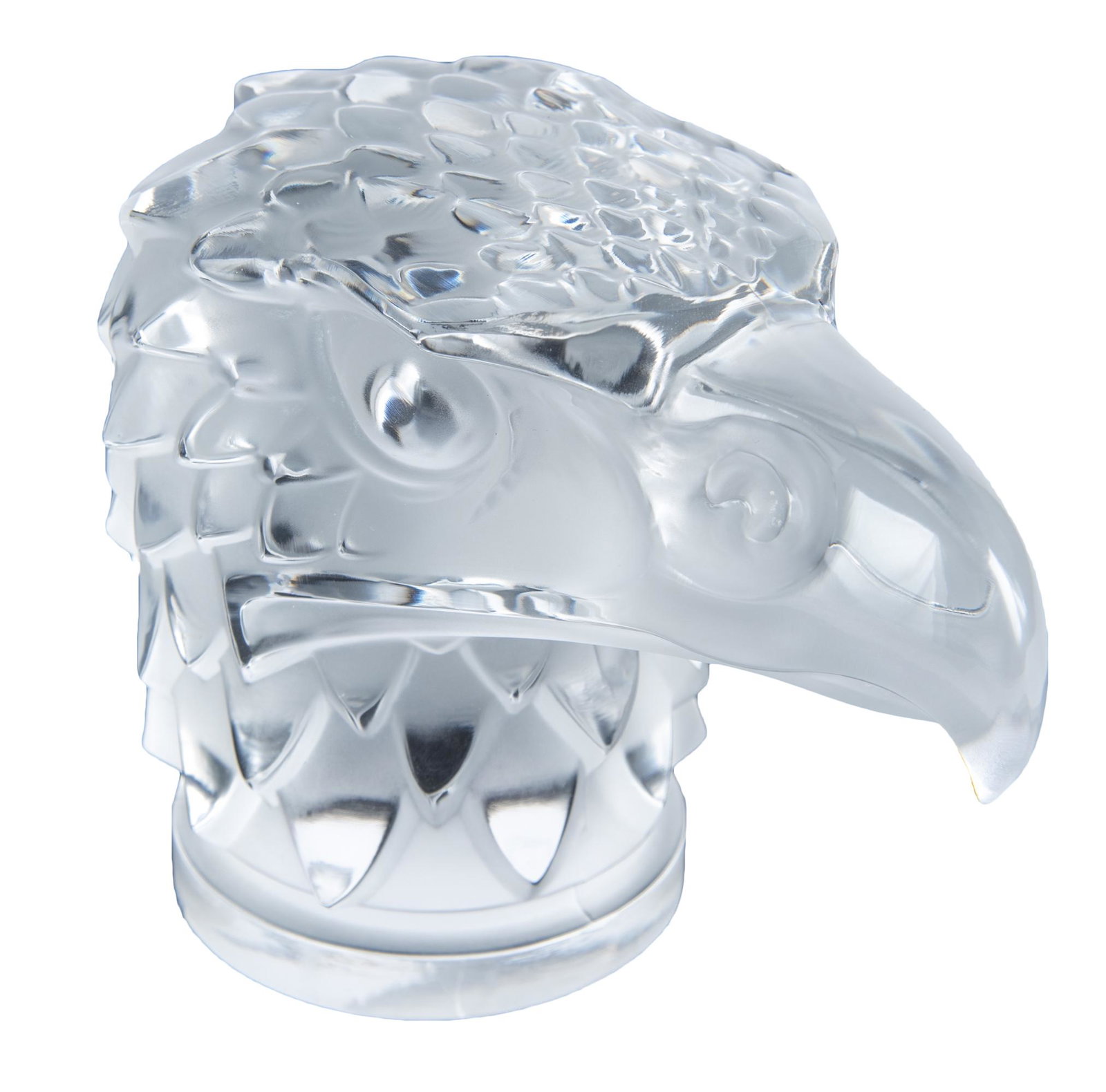 Lalique Crystal Eagle Head: DESCRIPTION: Laliqur clear and smoke crystal eagle head. Lalique etched to side and signed to bottom. The Lalique Eagle Head was used as a Packard Automobile Hood Ornament, Radiator Mascot. MEASUREMEN