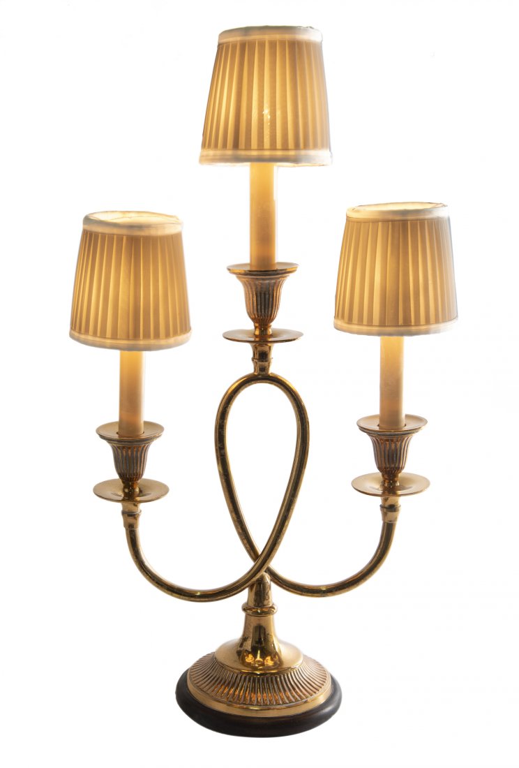 3 Light Frederick Cooper Table Lamp: DESCRIPTION: Three light Frederick Cooper table lamp. Brass with linen shades. MEASUREMENTS: 12" wide x 23" high with shades. CONDITION: Areas of wear to brass.