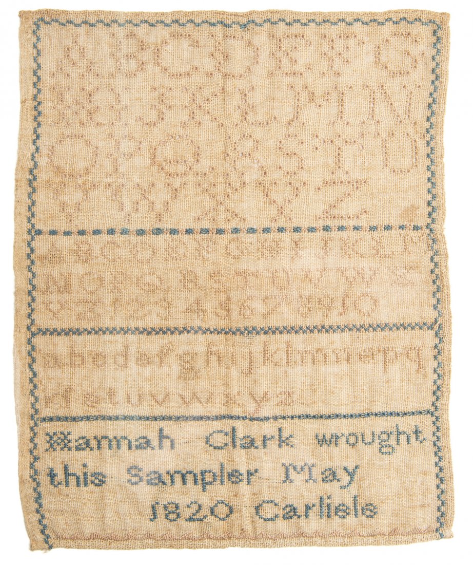Hannah Clark 1820 Carlisle Alphabet Sampler: DESCRIPTION: Hannah Clark, Carlisle PA sampler. Needlepoint with three sets of alphabet lettering and geometric border stitched into linen. Dated 1820. In simple frame MEASUREMENTS: 9-1/4" x 11-1/4". 
