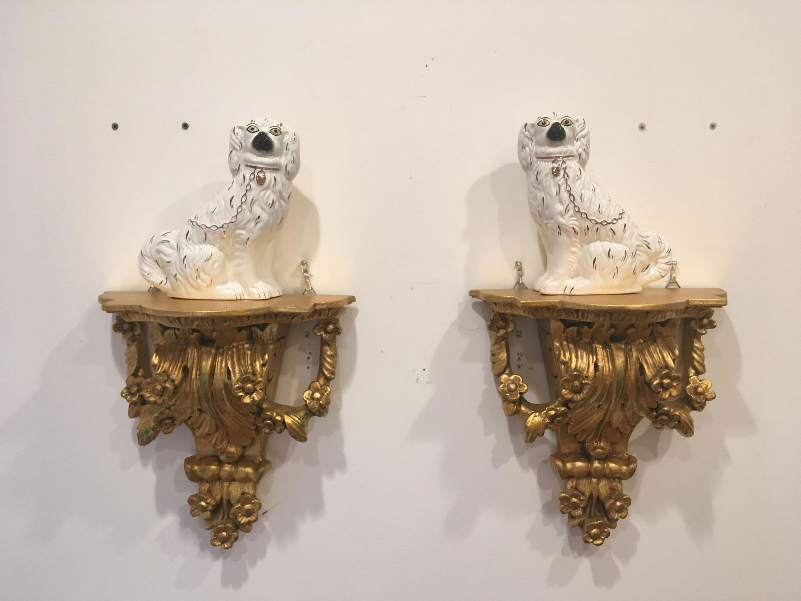 Pair Gilt Wall Sconces with/ Staffordshire Dogs (1 of 4)