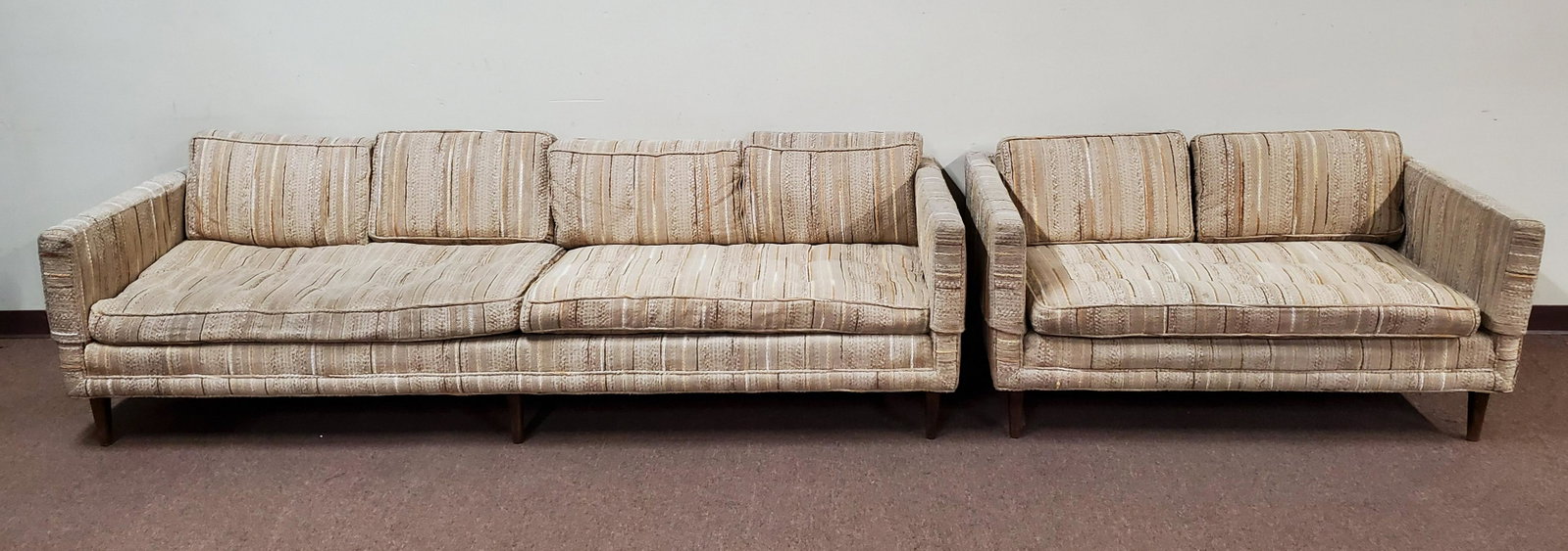 Mid Century Modern Sofa and Love Seat: 54-1/2" to 97" wide x 33" deep x 25-1/4" to 25-1/2" high.