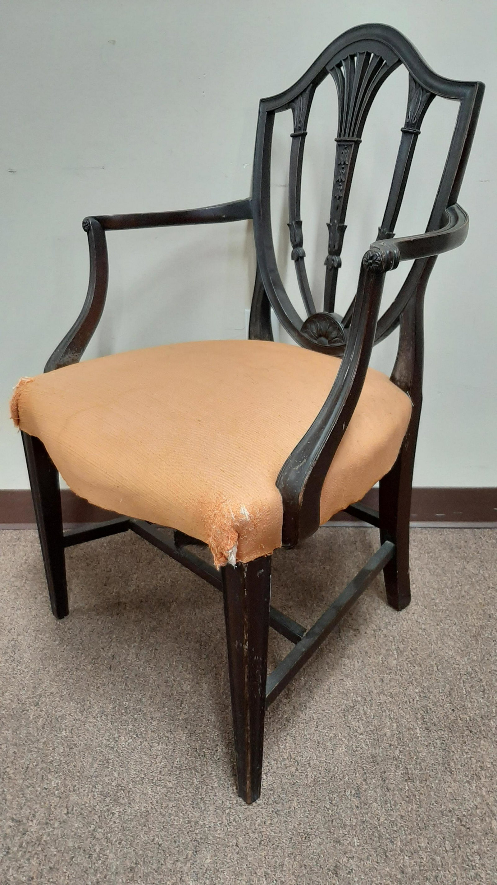 Shield Back Hepplewhite Armchair: 26" wide X 25 1/2" deep X 38 3/4" high. Some finish losses. Holes to upholstery.