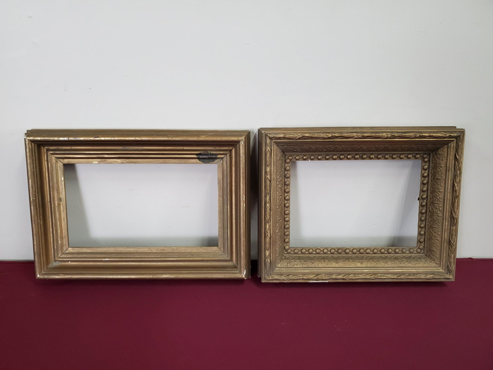 2 19C Antique Frames: Left: Opening: 6-1/2" high x 11-1/2" wide. Overall with frame:11-1/2" high x 16-1/2" wide. Some minor losses and discoloration.
