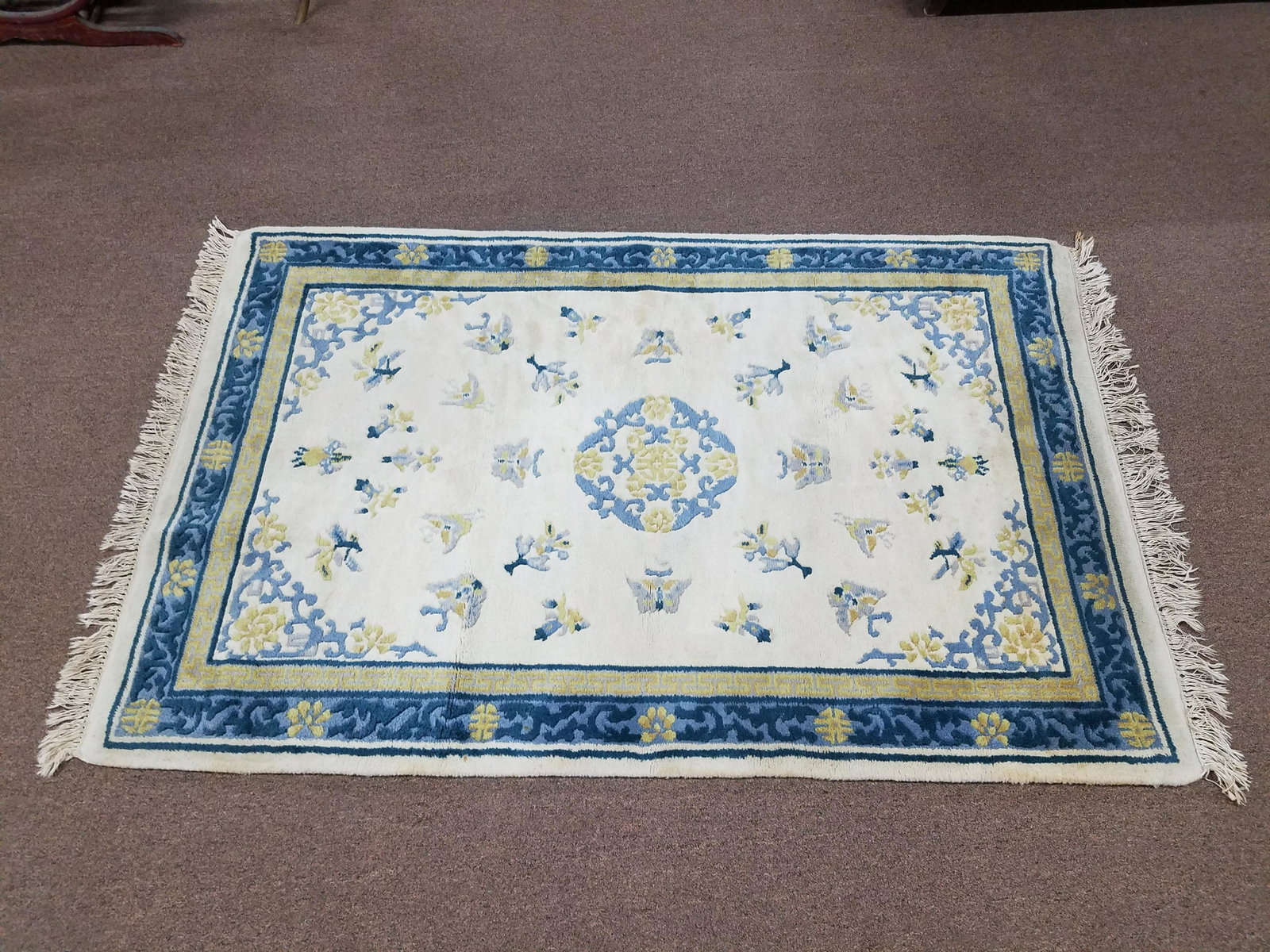 Cathay Area Rug: 4' wide x 6' long. Hand woven. Some staining.