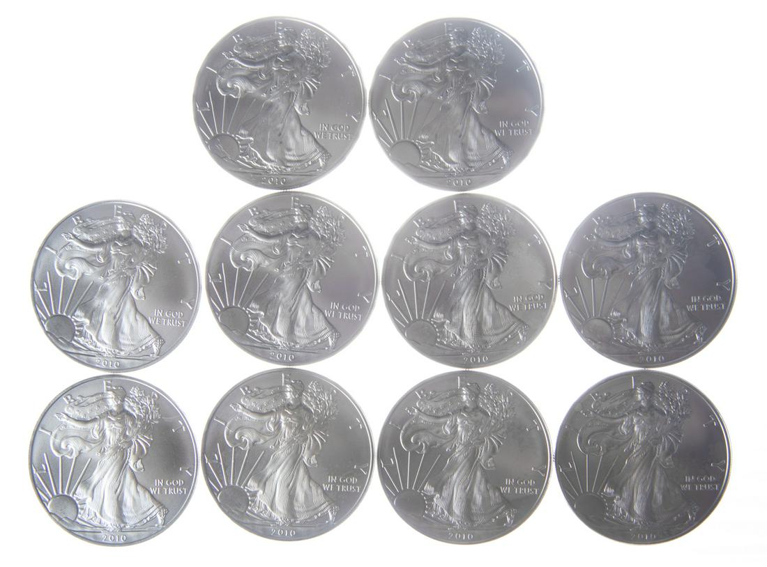 10 2010 Unc American Silver Eagles (1 of 2)