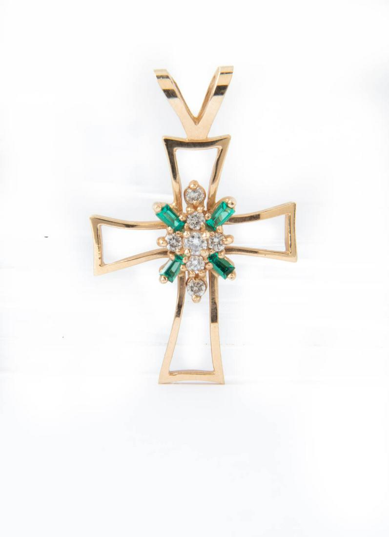 14k .21 CTW Diamond and Emerald Cross Pendant (1 of 1)