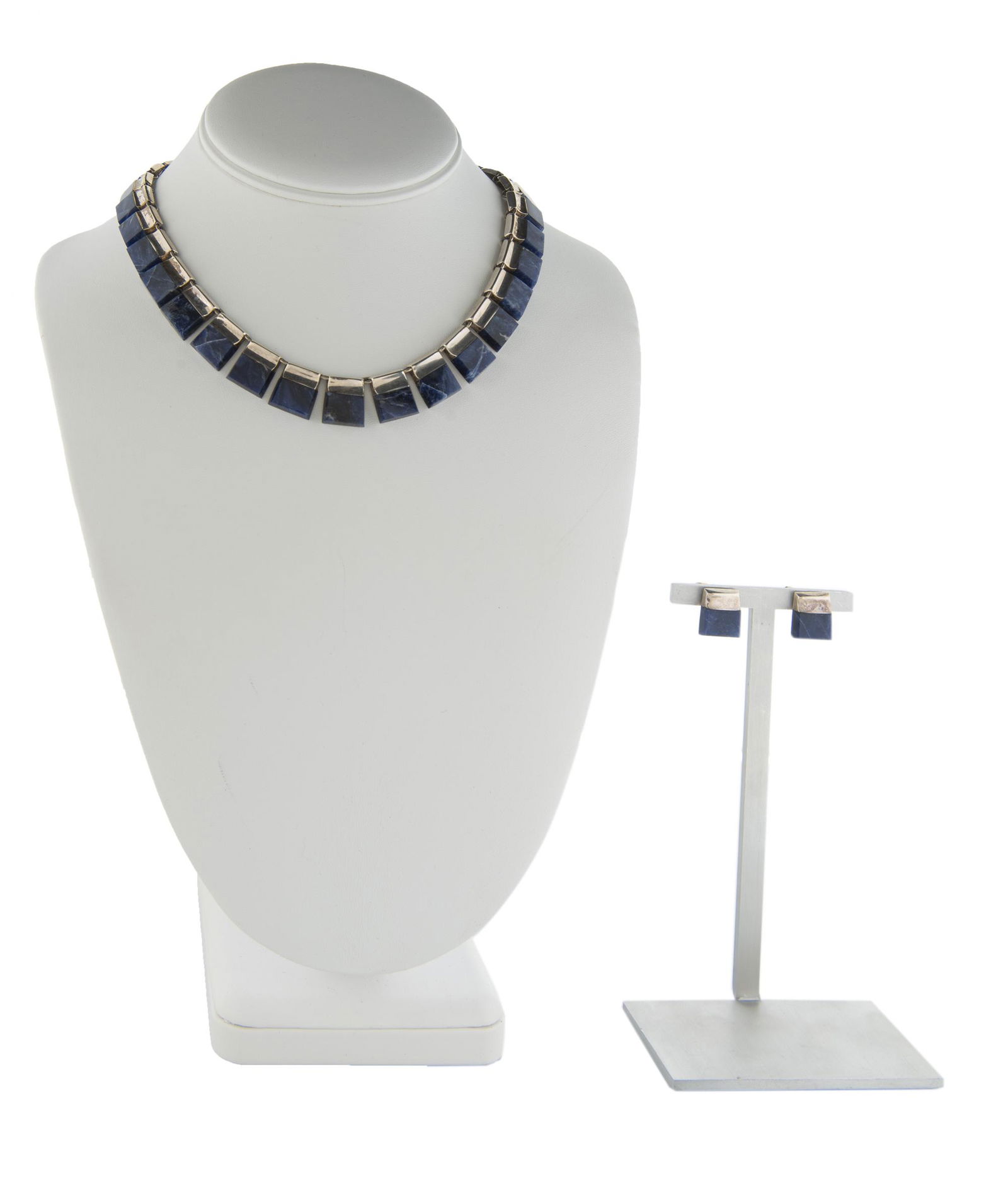 Mexican Lapis & Sterling Necklace and Earrings: DESCRIPTION: Sterling and lapis necklace stamped 925 Mexico. Matching screwback earrings. MEASUREMENTS: Necklace 15-1/2", earrings 5/8".