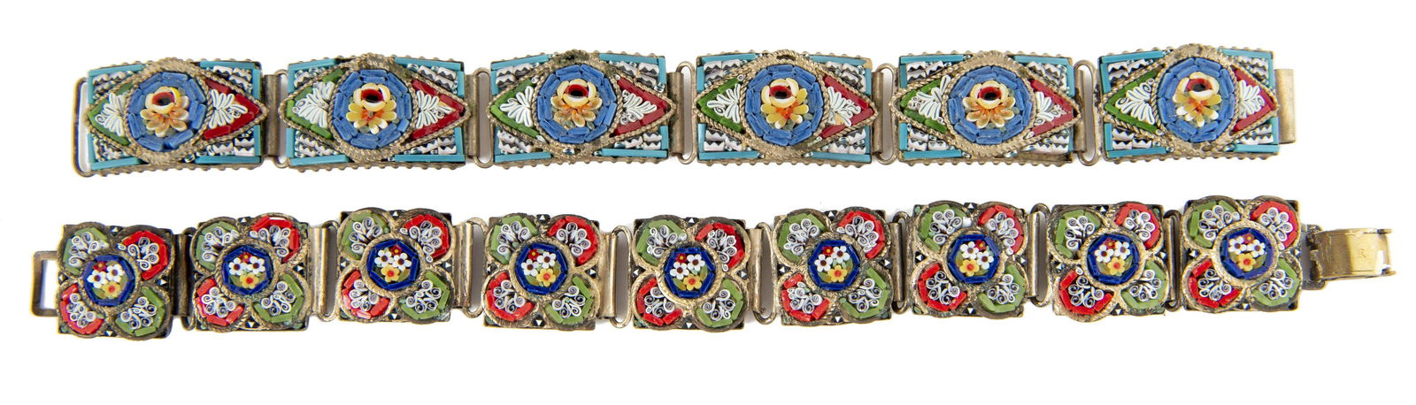 2 Micro Mosaic Bracelets: DESCRIPTION: Two micro mosaic link bracelets, each stamped Italy. MEASUREMENTS: 7" and 7-1/4".