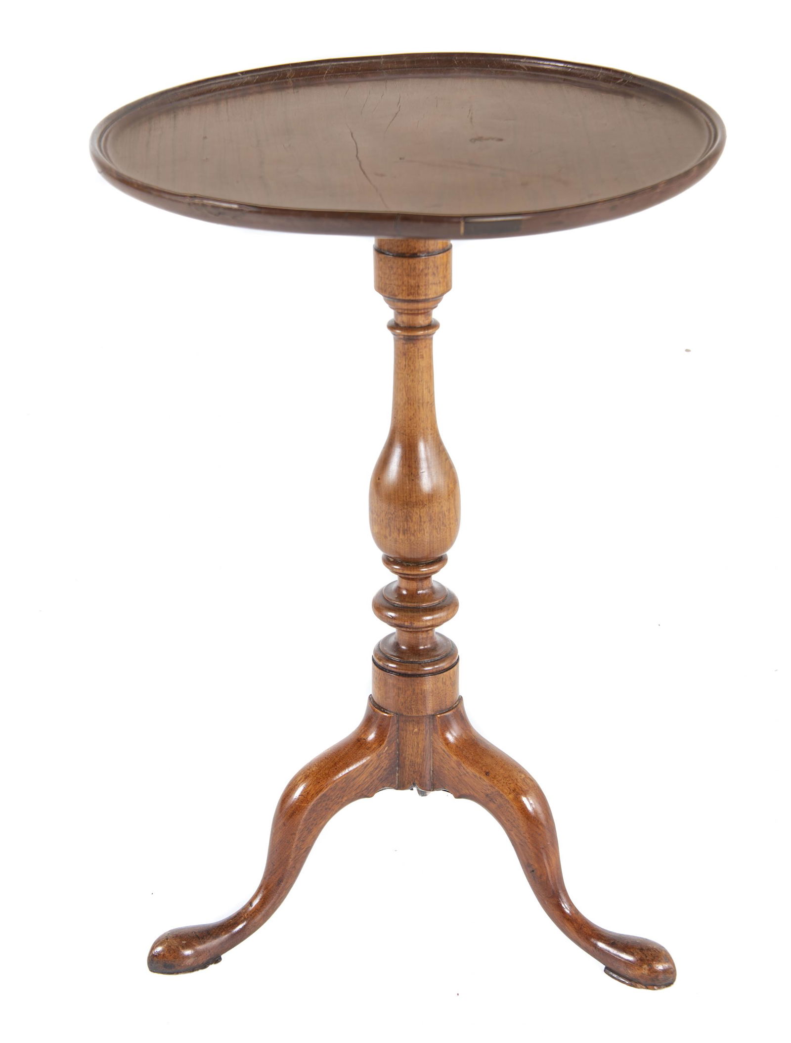 Mahogany Candle Stand: DESCRIPTION: Mahogany candle stand. With raised dish top rim. MEASUREMENTS: 20" diameter x 28" high. CONDITION: Old repair to table top.