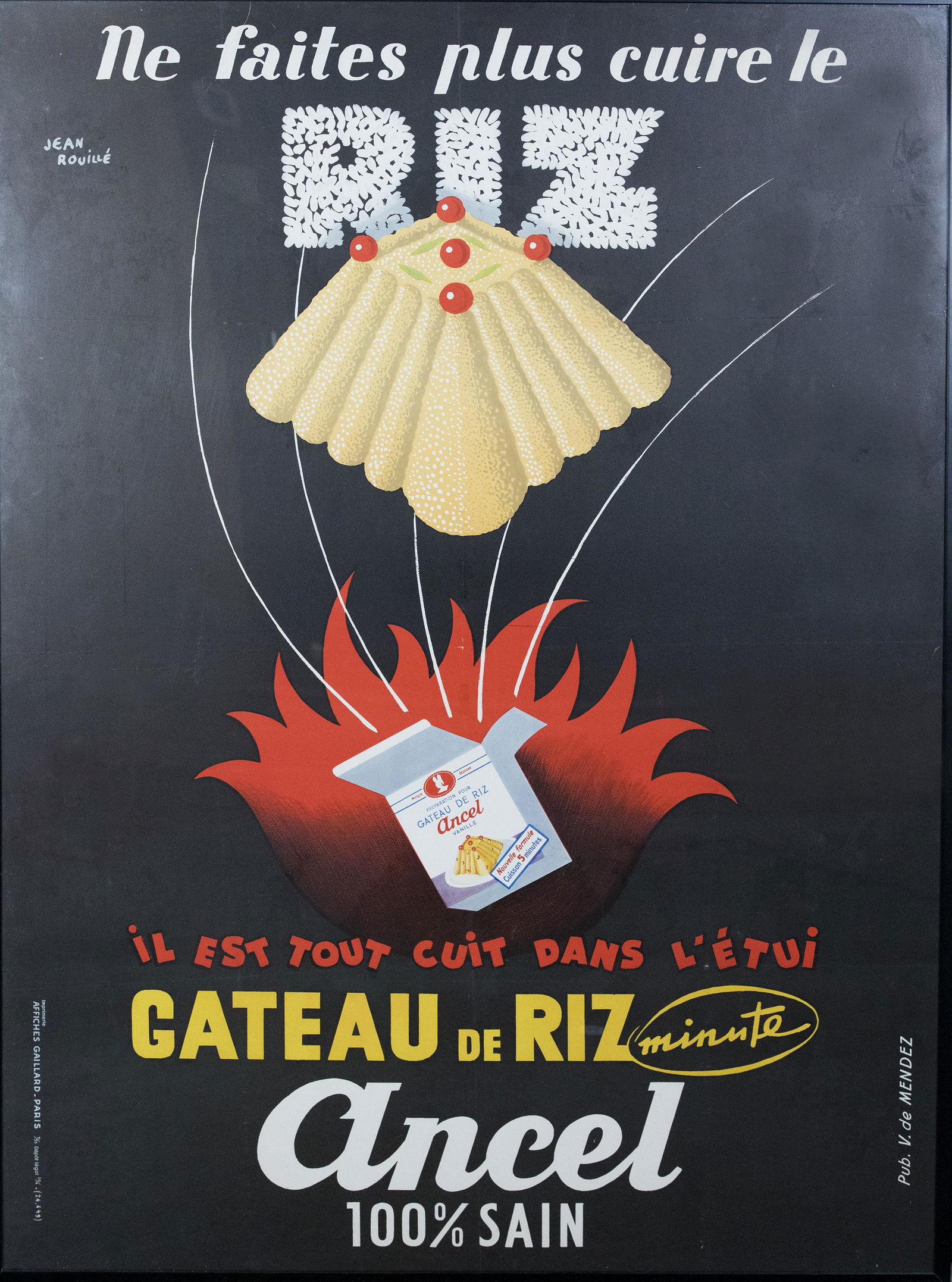 Vintage French Cake Poster: DESCRIPTION: Jean Rouille (French, 20th century). French dessert poster. Printed by Affiches Gaillard, Paris and published by V. de Mendez. Circa 1930s. In black frame. MEASUREMENTS: 62" x 45-3/4". Ov