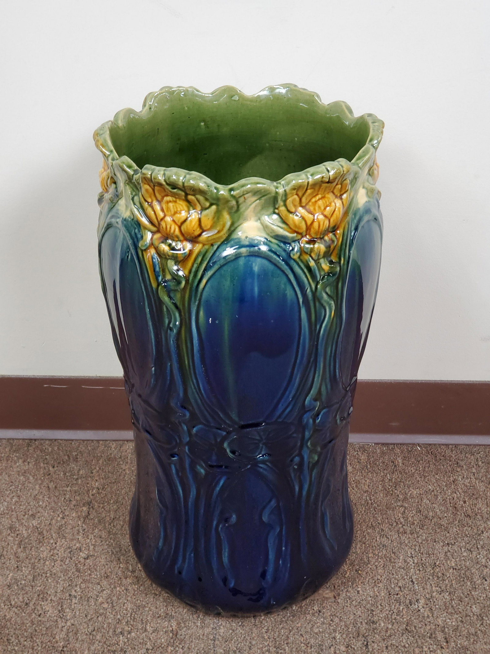Magolica Umbrella Holder: Unmarked. 10-3/4" diameter x 21-1/4" high.