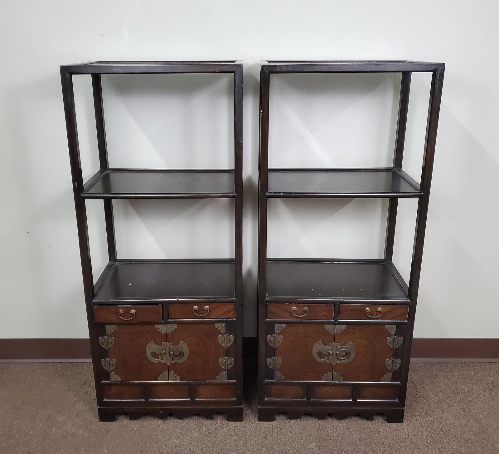 2 Korean Shelves with Cabinet: 18-1/4" wide x 12-1/2" deep x 43-1/2" high.