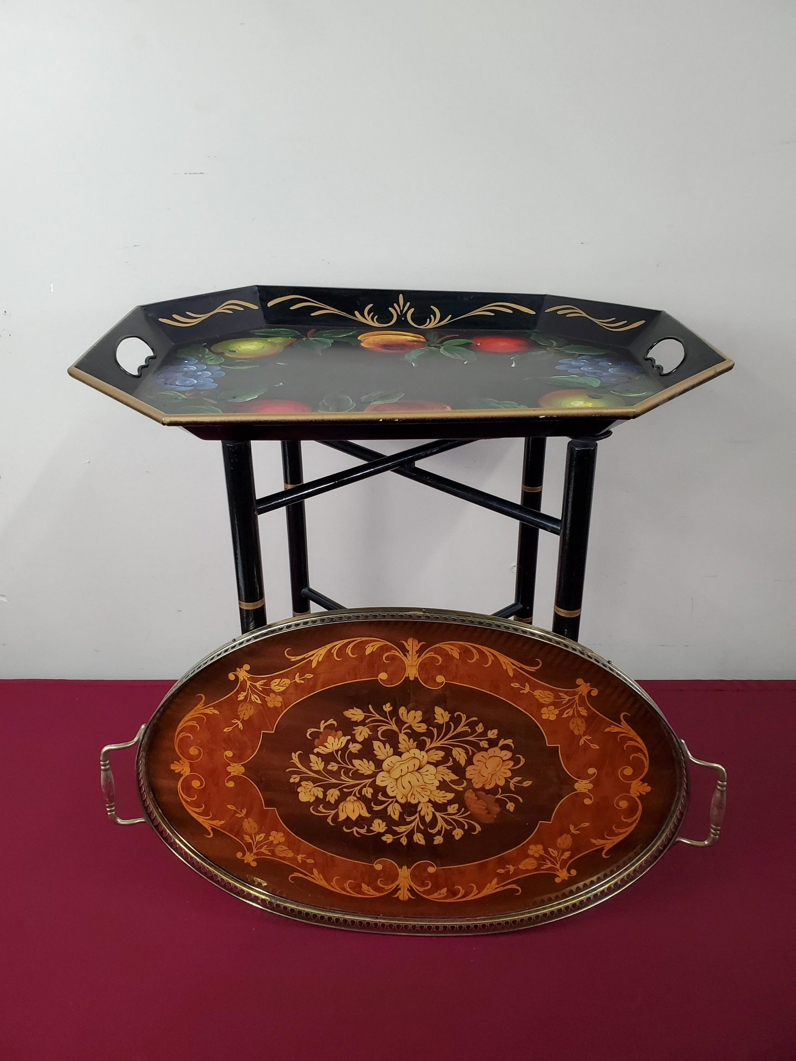 Tole Painted and Inlaid Tray: Trays: 12-1/2" to 15" wide x 20" long. Stand: 10-3/4" wide x 9-1/2" deep x 18" high.