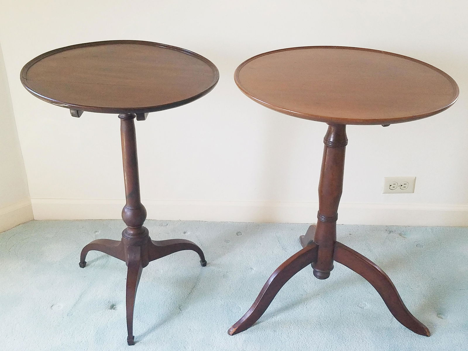 2 Tilt Top Tables: 19-1/4" to 22" diameter x 28" to 28-1/2" high. Smaller table with split in wood top.