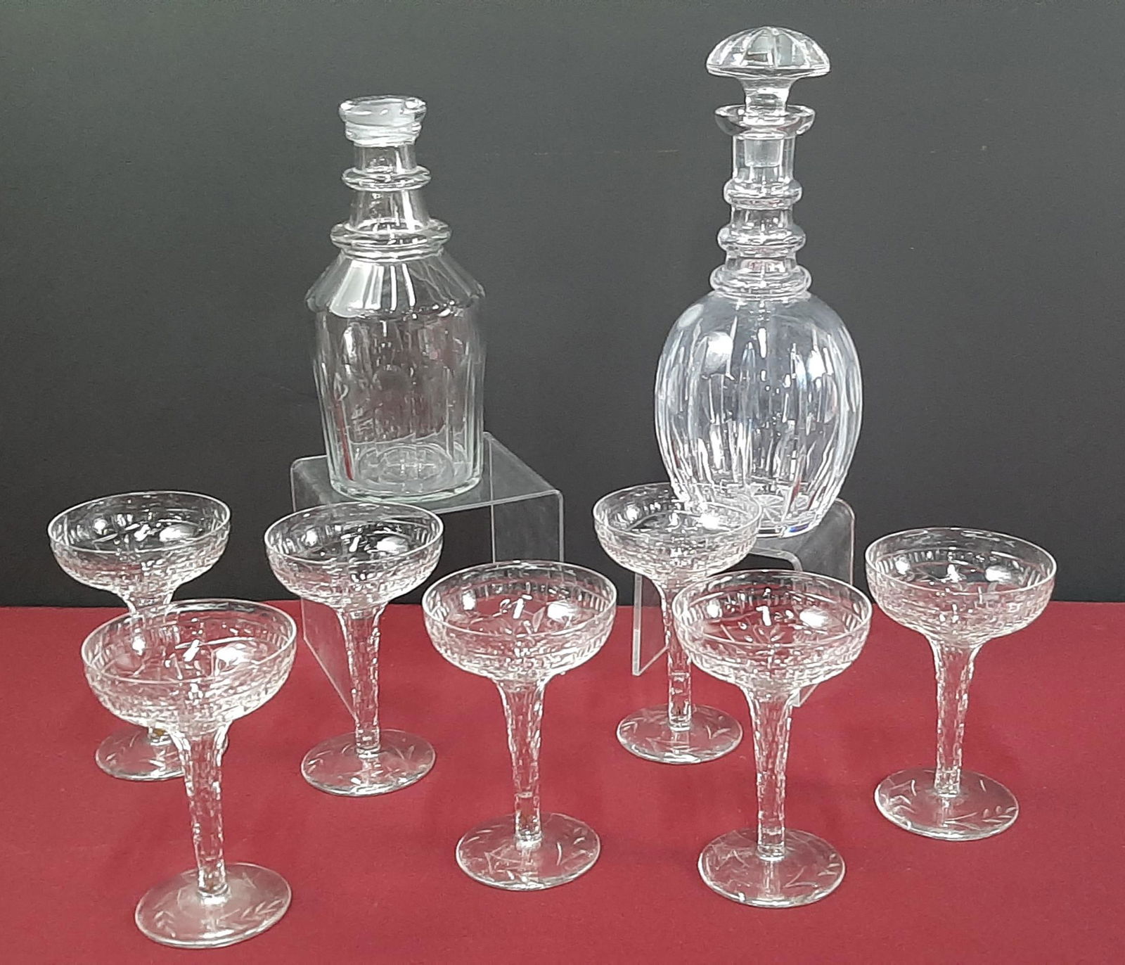 9 Pcs Etched Glass Stemware and Decanters (1 of 1)