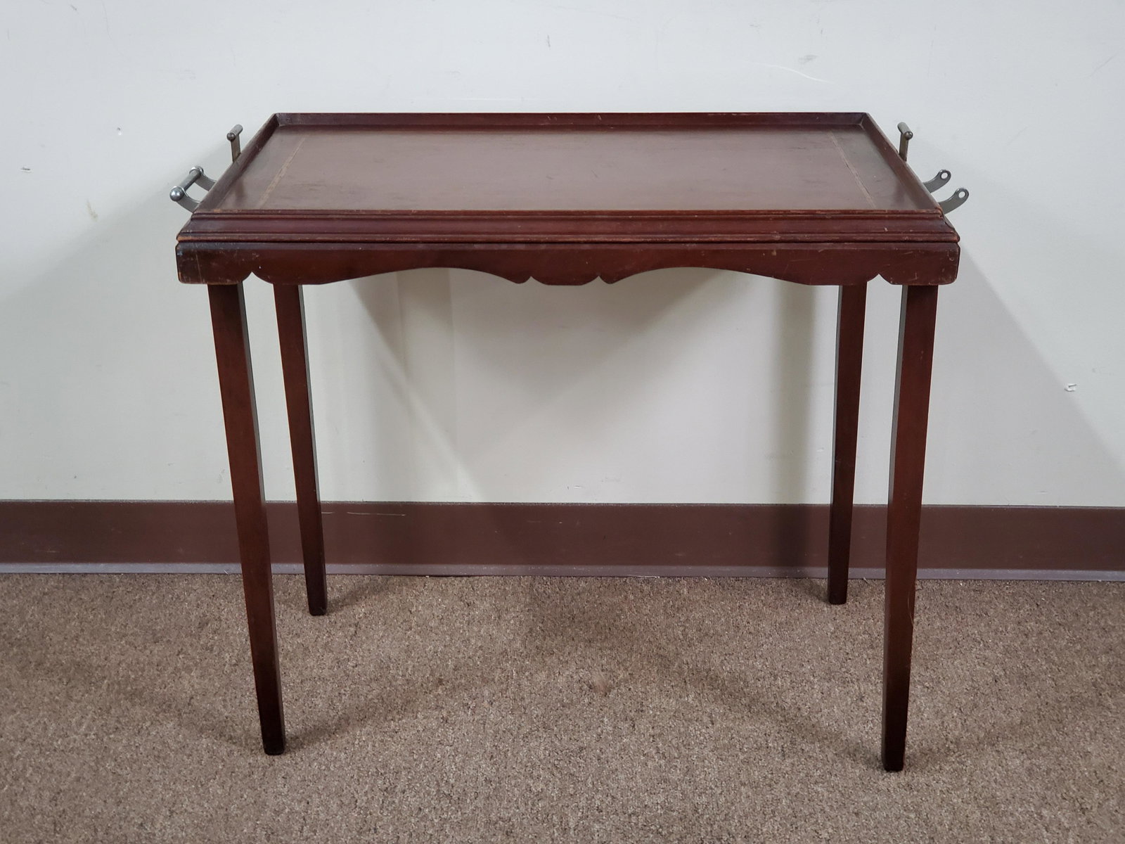 Tray Table: 27-1/2" wide x 17-1/2" deep x 24" high. One handle is missing.