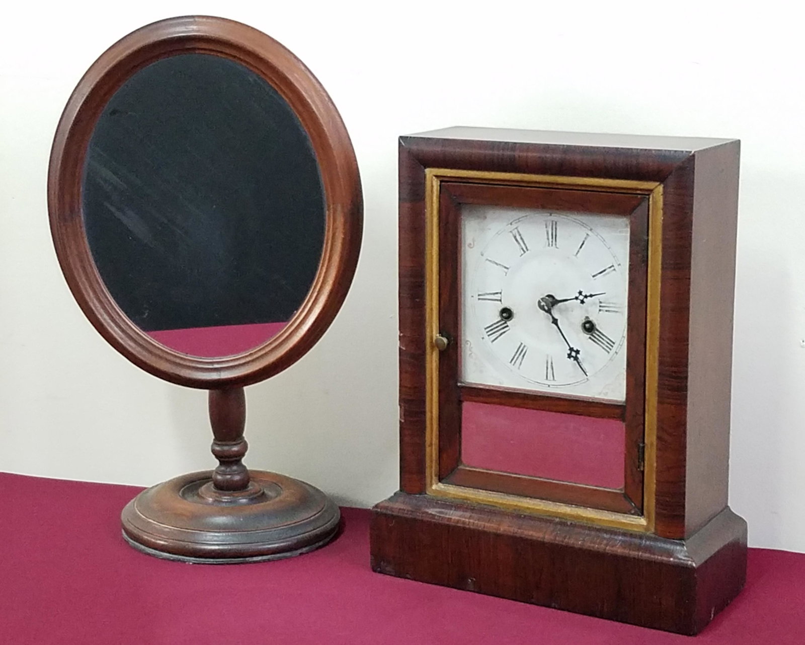 Ansonia Mantle Clock and Shaving Mirror: 13-1/2" to 17" high. Clock: Ansonia brass and copper clock. Starts and stops. Over wound.