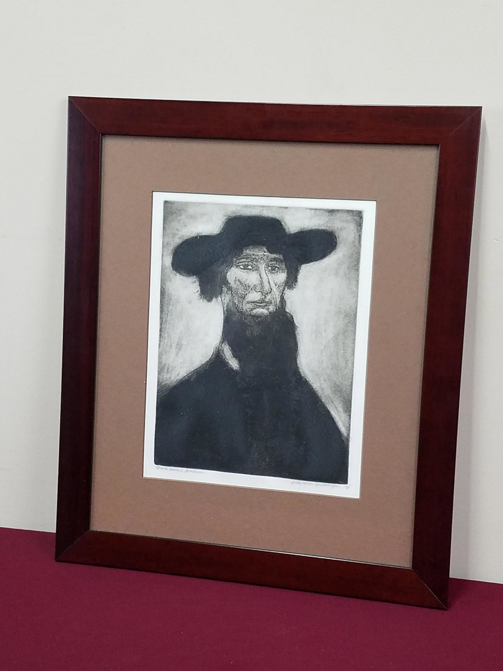 Kiehl and Xtian Newswanger Amish Artist Proof: "Black Bearded Amish Man". Overall with frame 20-1/2" high x 17-1/2" wide.