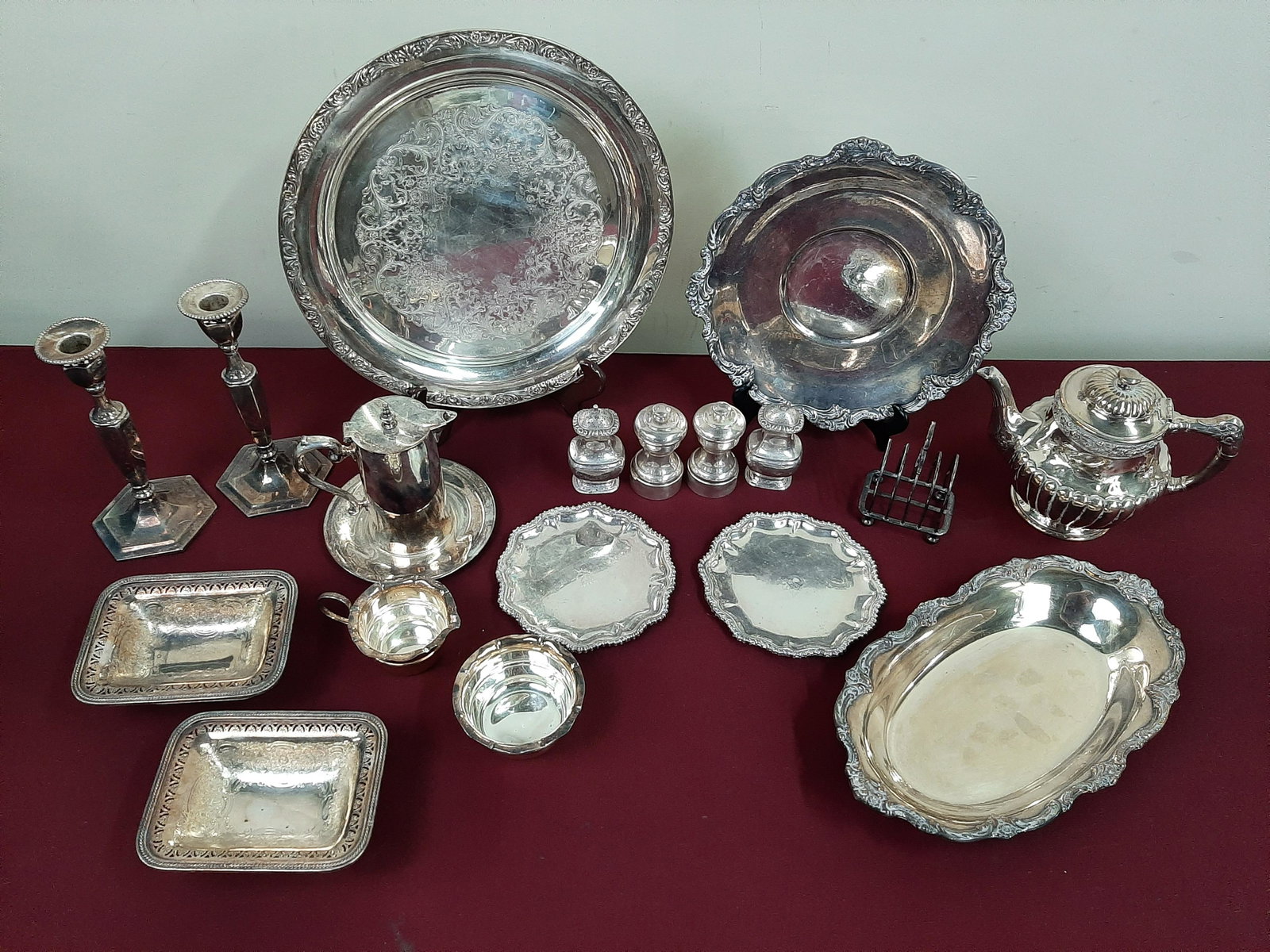 18 Pcs Silverplate: Includes Reed & Barton, E.G. Webster & Son, and Wallace. 1/2" to 9 1/2" high.