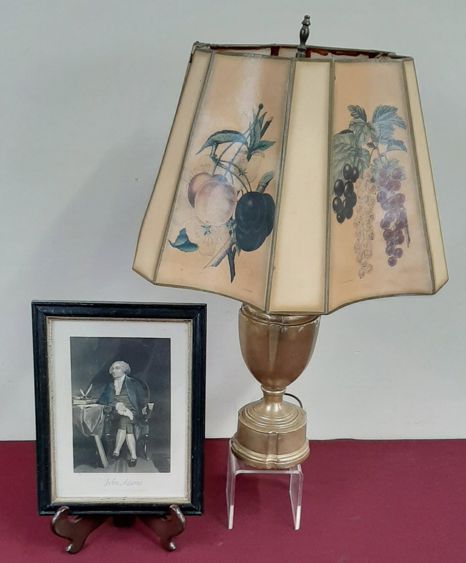Borghese Lamp and John Adams Print: Print overall with frame 9" X 11 1/2". Marked "Johnson, Fry, and Co. Publishers, N.Y." Lamp 22 1/2" high and working.