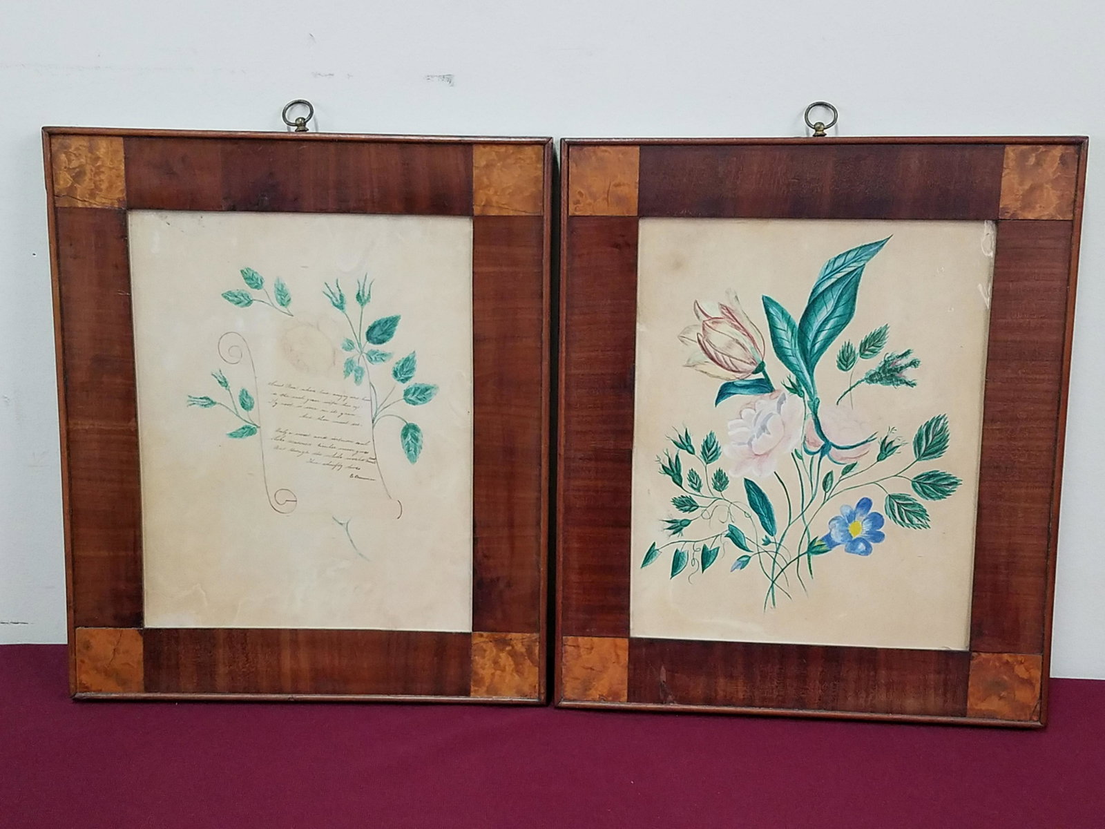 2 E Breneman Watercolors in Antique Frames: E. Breneman of Maritta, Pennsylvania. Each overall with frame 13" high x 11" wide.