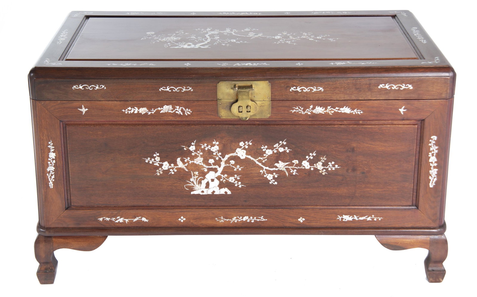 Mother of Pearl Inlaid Chest: DESCRIPTION: Mother of Pearl inlaid chest decorated with tree and bird design. MEASUREMENTS: 39-1/2" wide x 20-1/2" deep x 22-3/4" high. CONDITION: Minimal surface wear.