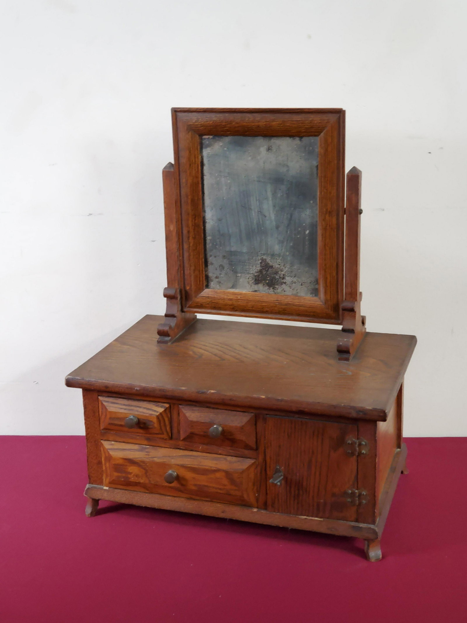 Shaving Stand: Mirror is attached. 16-1/2" wide x 10-1/2" deep x 21" high. Internal loss to mirror.