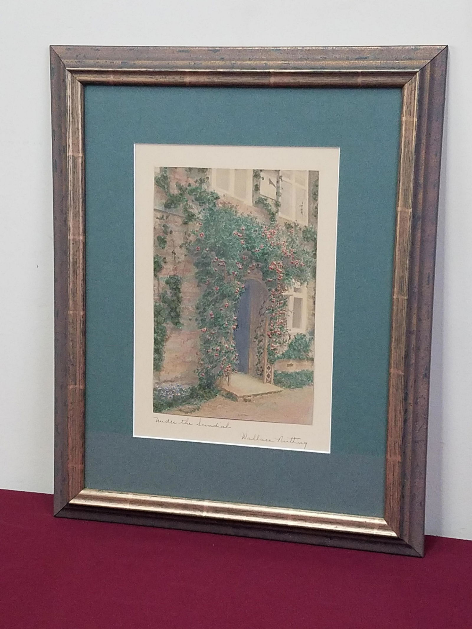 Wallace Nutting "Under the Sundial" Print: Overall with frame 18" high x 14-1/4" wide.