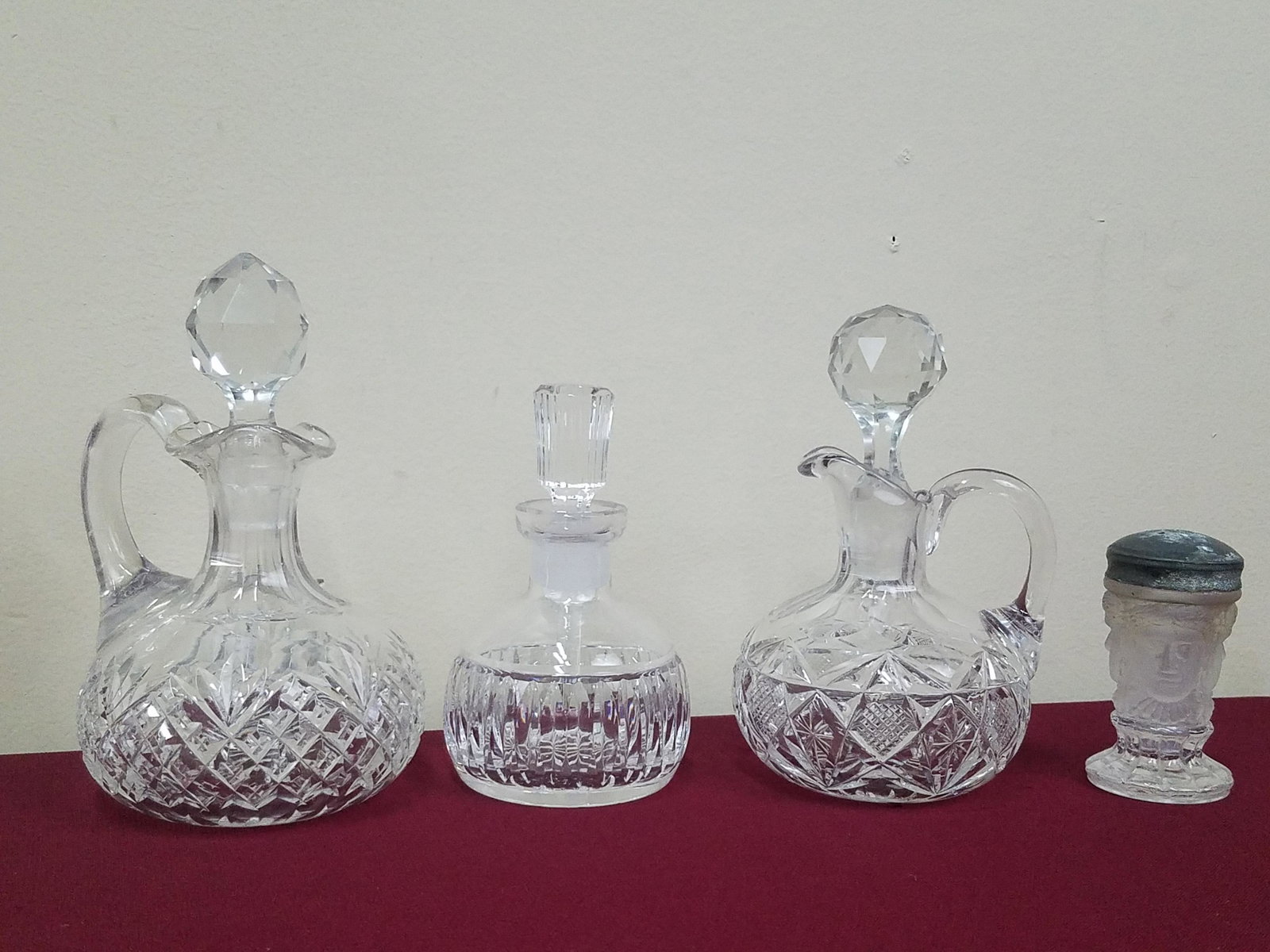 2 Cruets, Perfume and 3 Faced Shaker: 3" to 5-3/4" high. Shaker marked MMA. All others unmarked.
