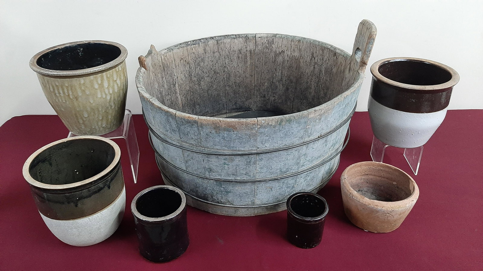 6 Stoneware and Wood Wash Tub in Blue Paint: 3 3/4" to 23" in diameter X 3 1/2" to 12" high.