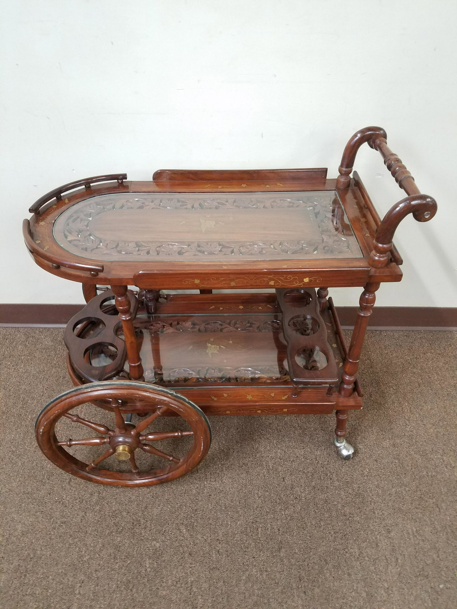 Tea Cart With Brass Inlay: 24" Wide X 32" deep X 30" High.
