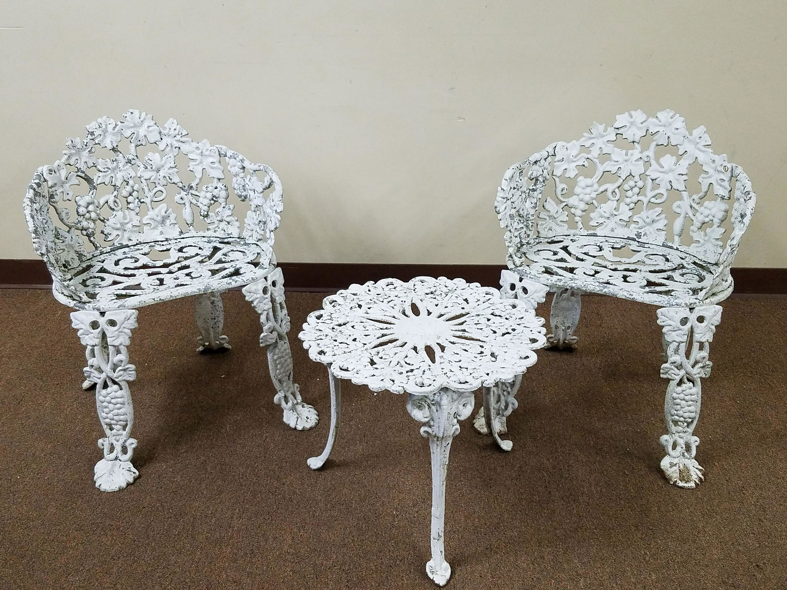3 Aluminum Grape and Vine Chairs and Table: Chairs each 21" wide x 20" deep x 28" high. Table 20" diameter x 16-2/4" high. Some paint losses.