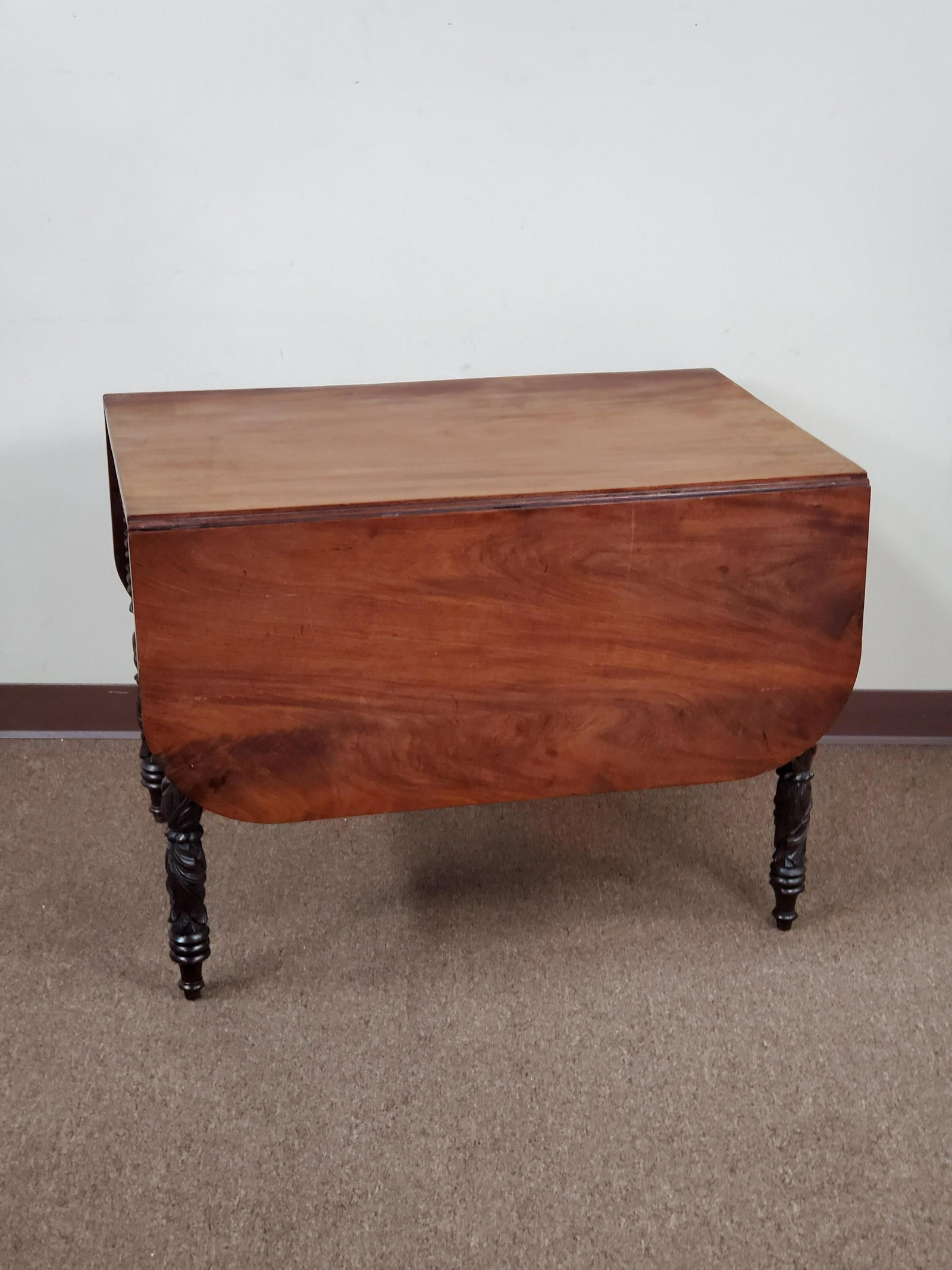Drop Side Table: 23-1/4" to 54-1/2" wide x 37" deep x 27" high. Sides reattached. Some losses and splits in wood.