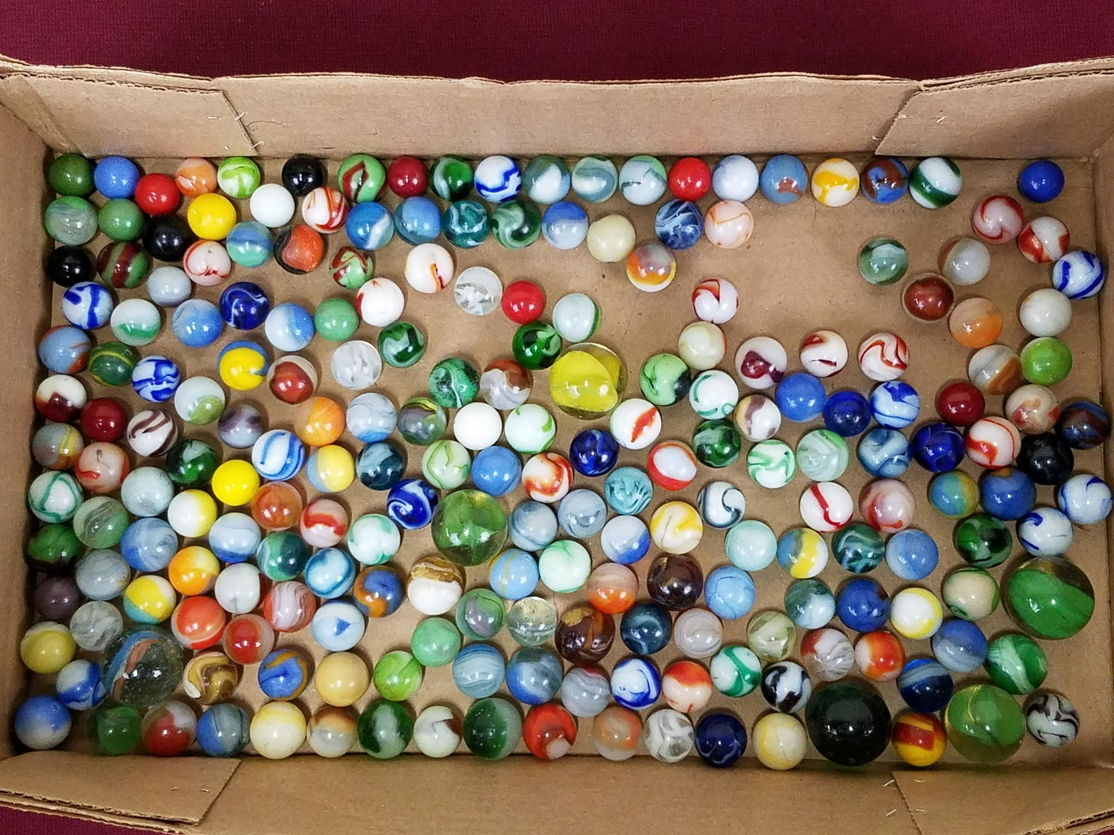 213 Vintage Marbles: Various sizes. Some with minor losses.