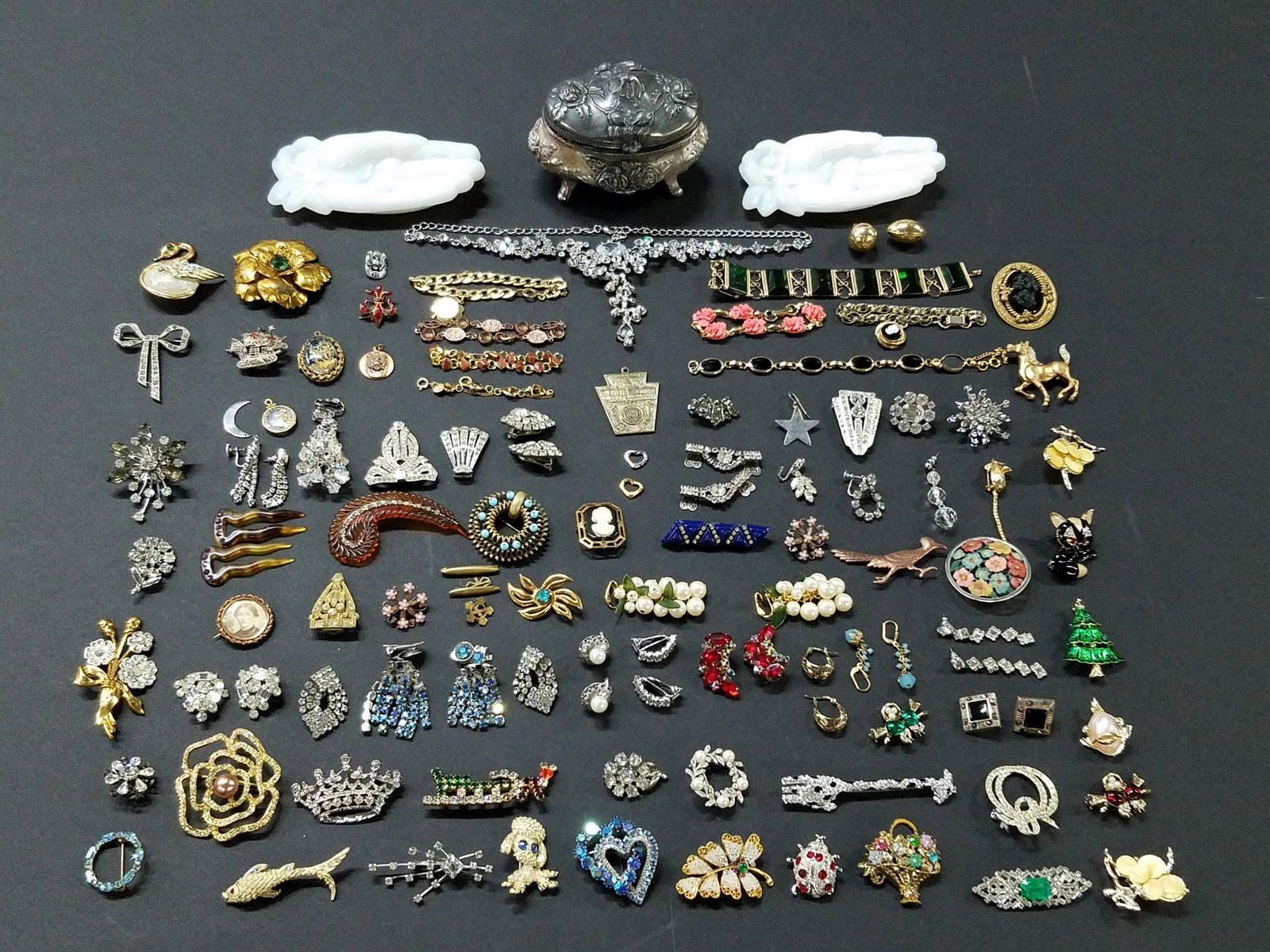 123 Pcs Costume Jewelry and Silverplate Box: Also includes 2 hand Shaped Trays. Trays: 5" wide x 2-3/4" deep.