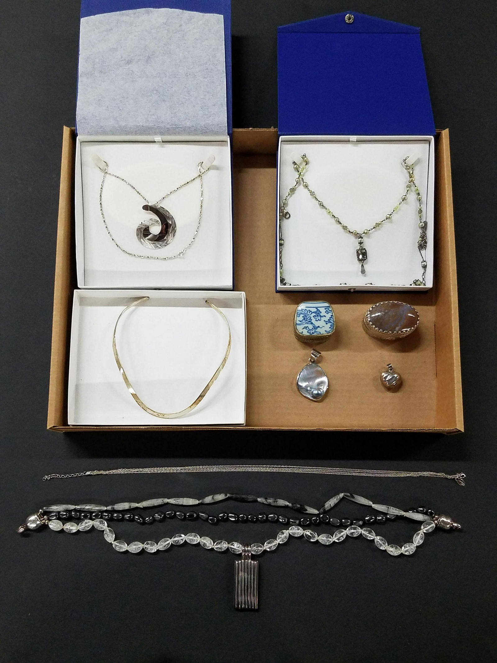9- 925 Necklaces, Pendants and Trinket Boxes: Also includes abalone. Necklaces 18" to 36" long.