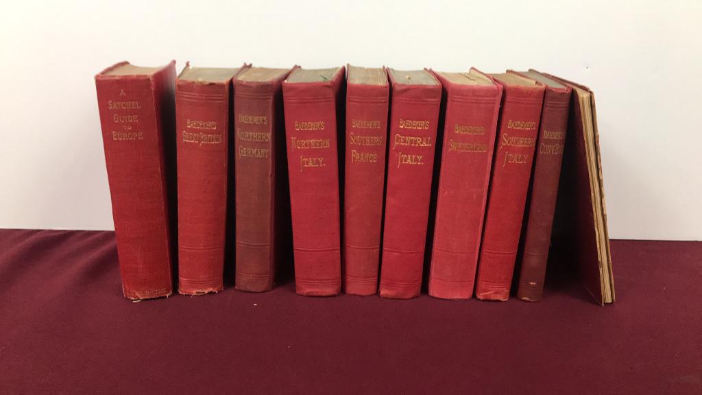 10 European Travel Guides: Includes: Baedeker's Southern Italy (1912) , Switzerland (1903), Central Italy (1893), Southern France (1902), Northern Italy (1895), Northern Germany (1900), and Great Britain ((1927). A Satchel Guid