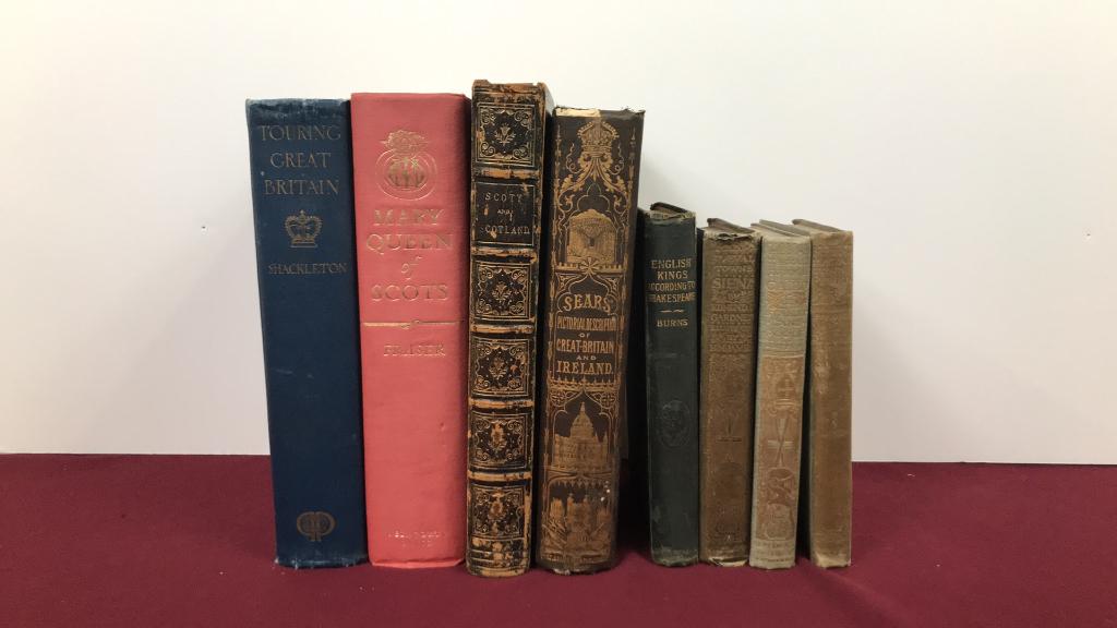 8 Books about the United Kingdom: Includes: Touring Great Britain. Robert Shackleton. The Penn Publishing Company. 1923. 2) Mary Queen of Scots. Antonia Fraser. Weidenfield & Nicolson. 1970. 3) Scott and Scotland. H.I. & A. Stevens. W
