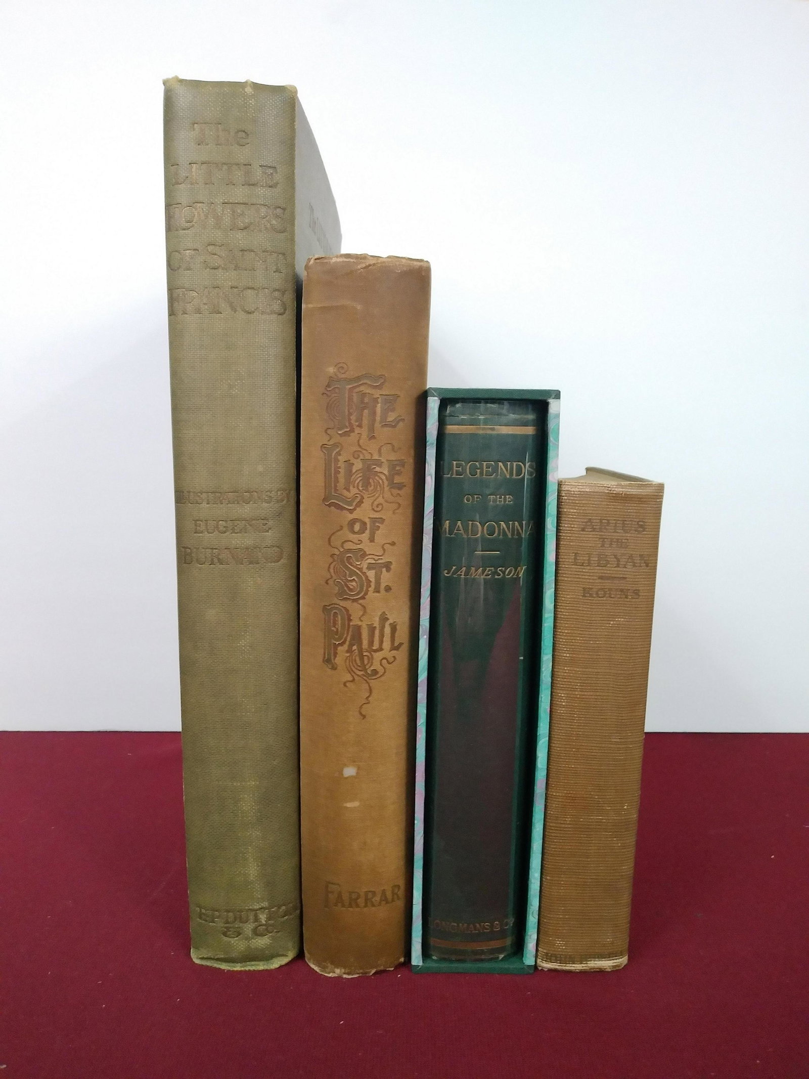 4 Books on Saints: Includes: 1) Legends of the Madonna. Mrs. Jameson. Longmans, Green and Co. 1909. 2) Arius the Libyan. Nathan C. Kouns. John Howell. 1914. 3) The Life of St. Paul. Canon Farrar. Henry Neil. 4) The Litt