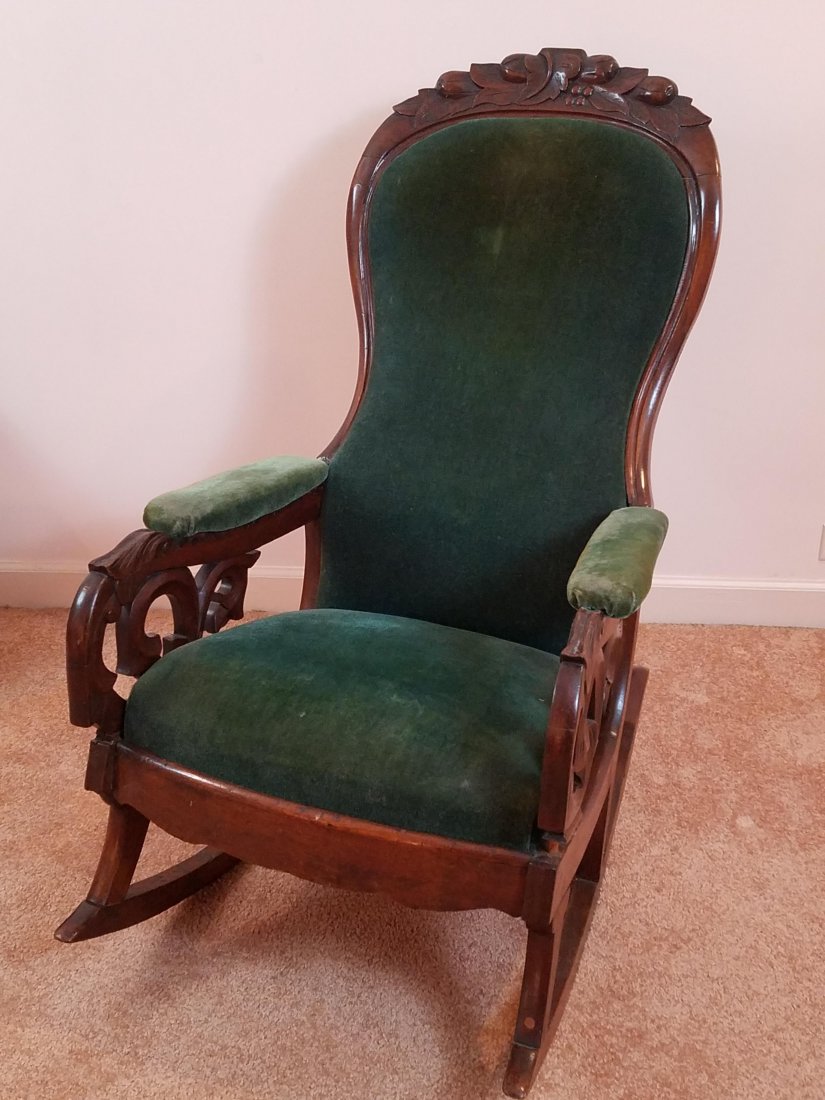Lincoln Rocking Chair: 25" wide x 35-1/2" deep x 40" high. Some wear to upholstery. Arms repaired.