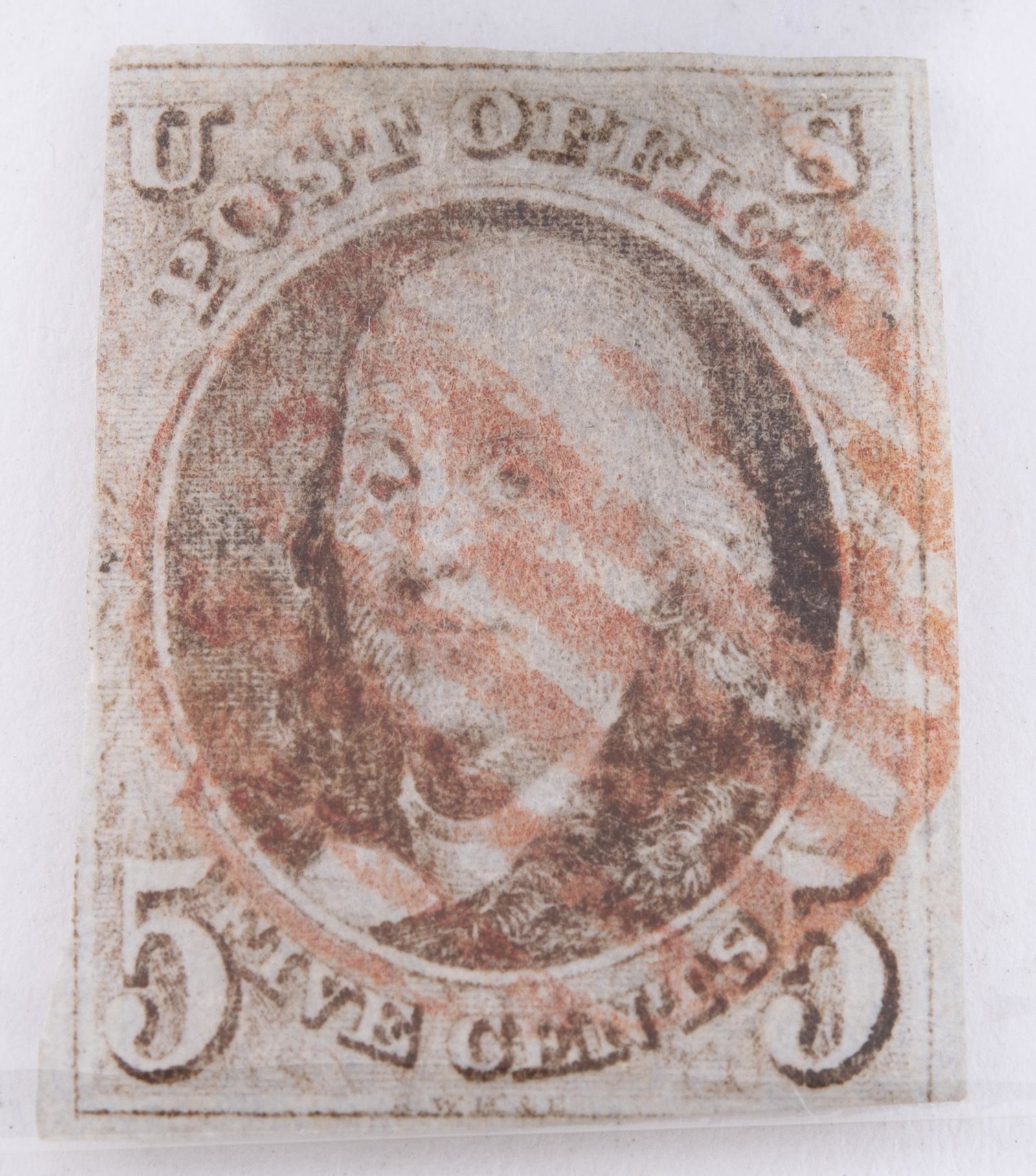 United States #1: DESCRIPTION: Five cent Ben Franklin with orange red cancel. Catalog value $425.