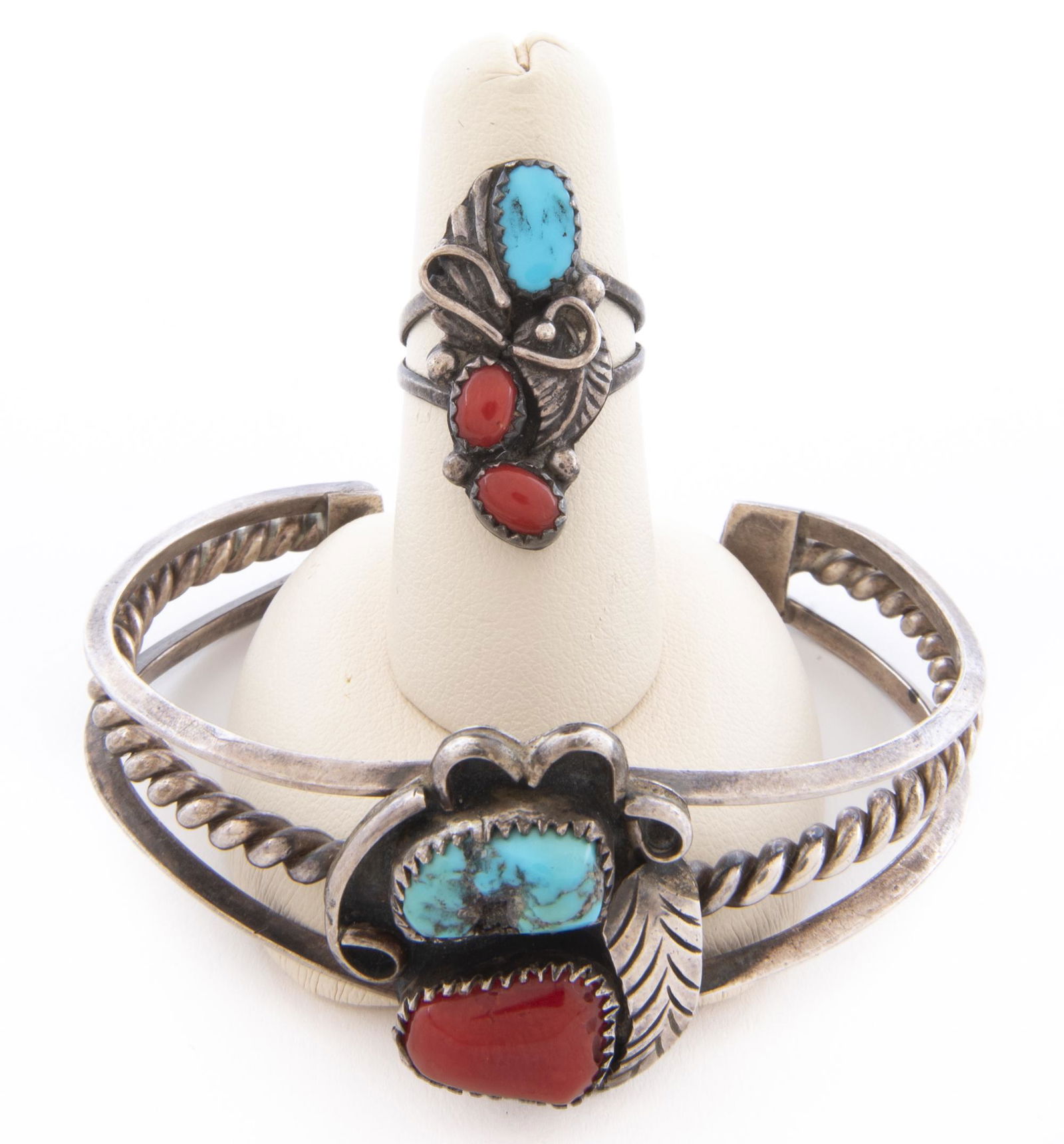 Native American Turquoise & Coral Ring & Bracelet (1 of 2)