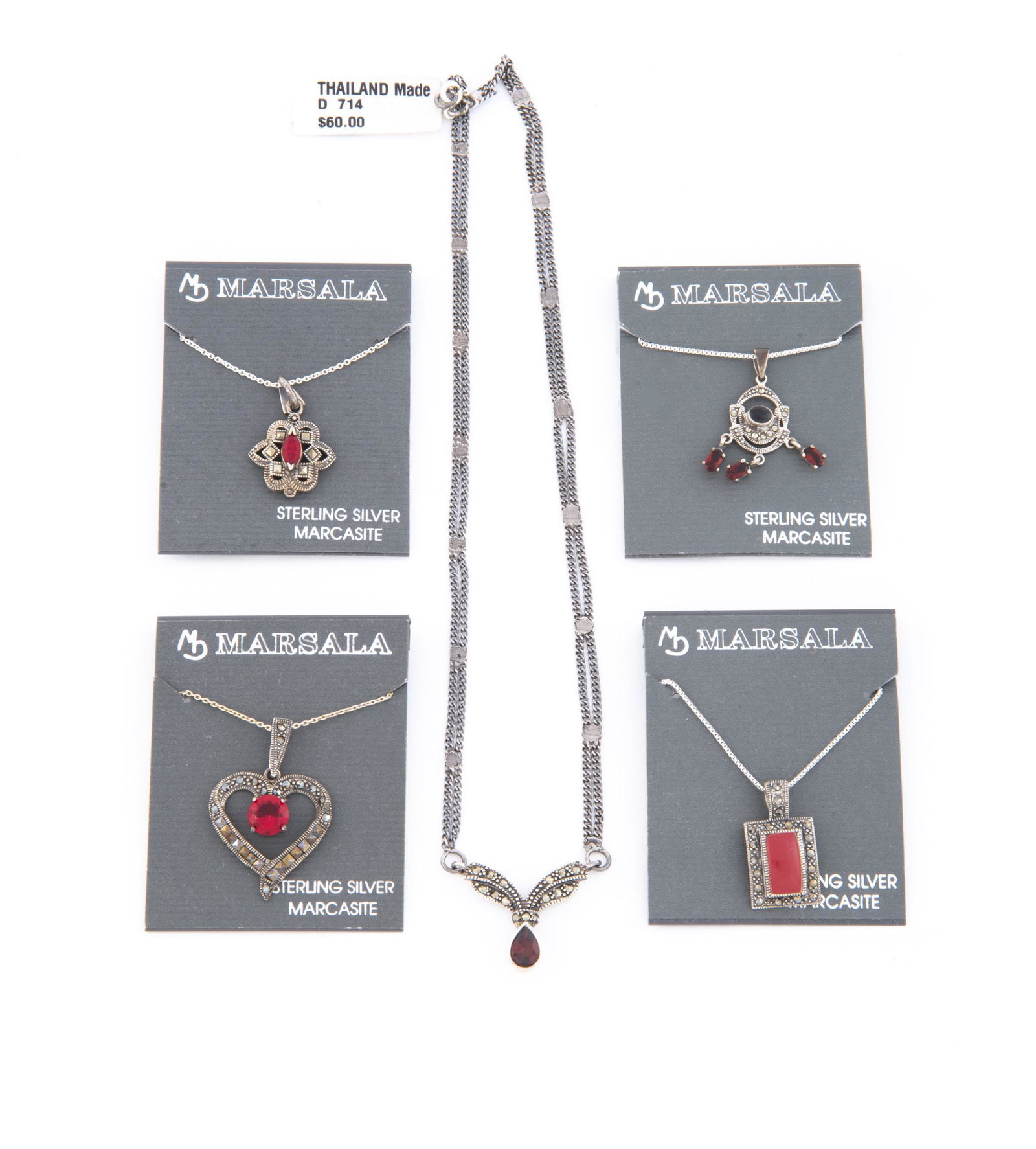 5 Sterling & Marcasite Necklaces: DESCRIPTON: Five sterling necklaces. MEASUREMENTS: Pendants 1" to 1-1/2".