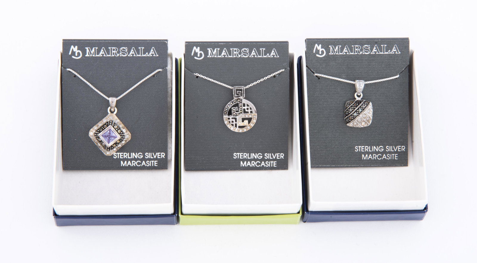 3 Sterling Marcasite Necklaces: DESCRIPTION: Three pendant necklaces. MEASUREMENTS: Pendants 1" to 1-1/4".
