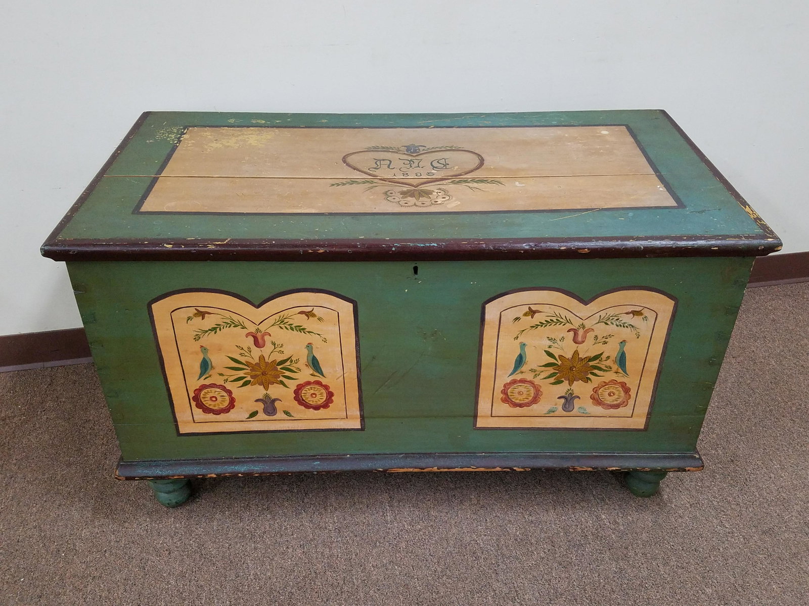 Jane Zook Decorated Blanket Chest: 43 1/2" wide X 22 1/2" deep X 24" high.