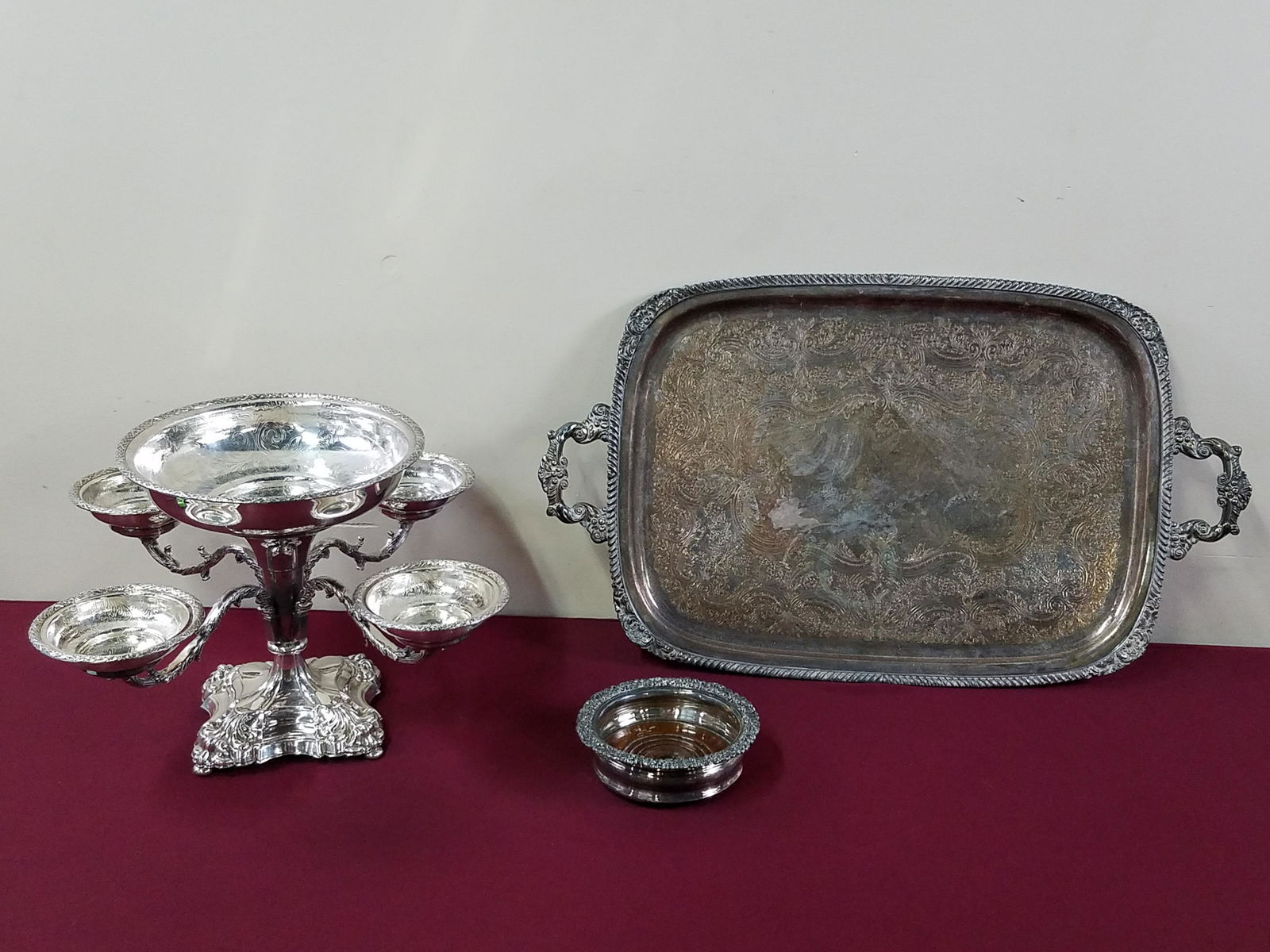 Silverplate Epergne, Tray and Bottle Coaster (1 of 5)