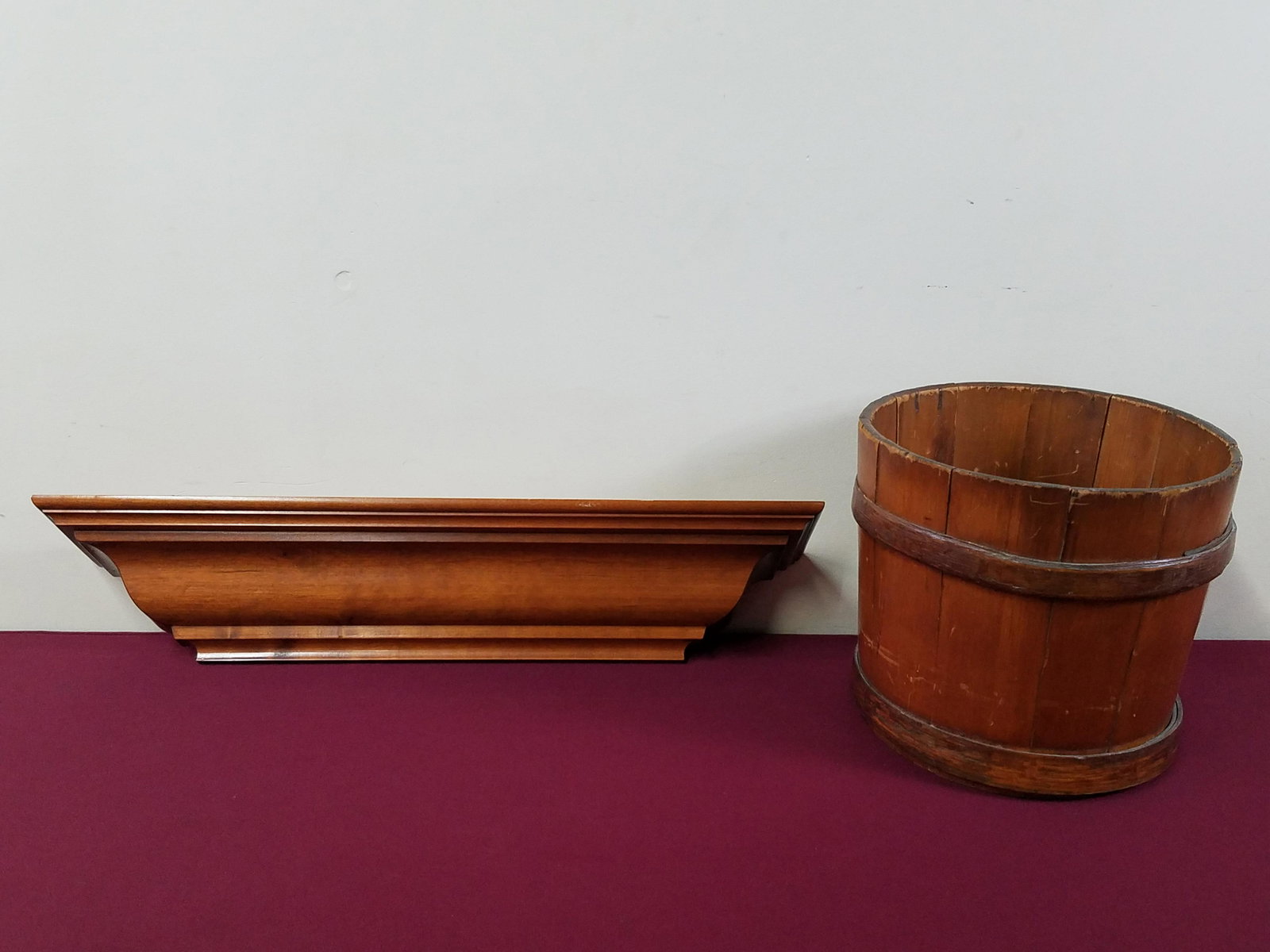 Wood Shelf and Bucket: Shelf: 29-3/4" long x 4-3/4" high. Bucket: 12-1/4" diameter x 11-1/2" high. Some scratches.
