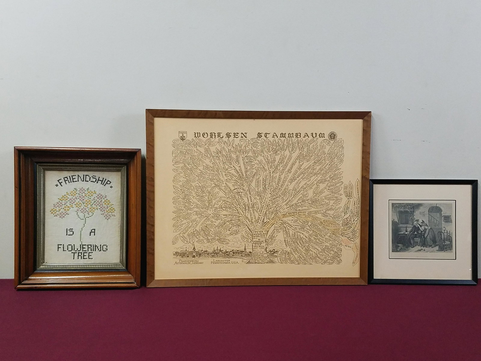 Family Tree, Be Careful Print and Cross Stitch: Includes Woklsen Scamnbaum from Franzenburg Germany to Lancaster Pennsylvania. Overall with frame 11" to 18" high x 11-1/4" to 23" wide. Also includes J Webb Be Careful Print.